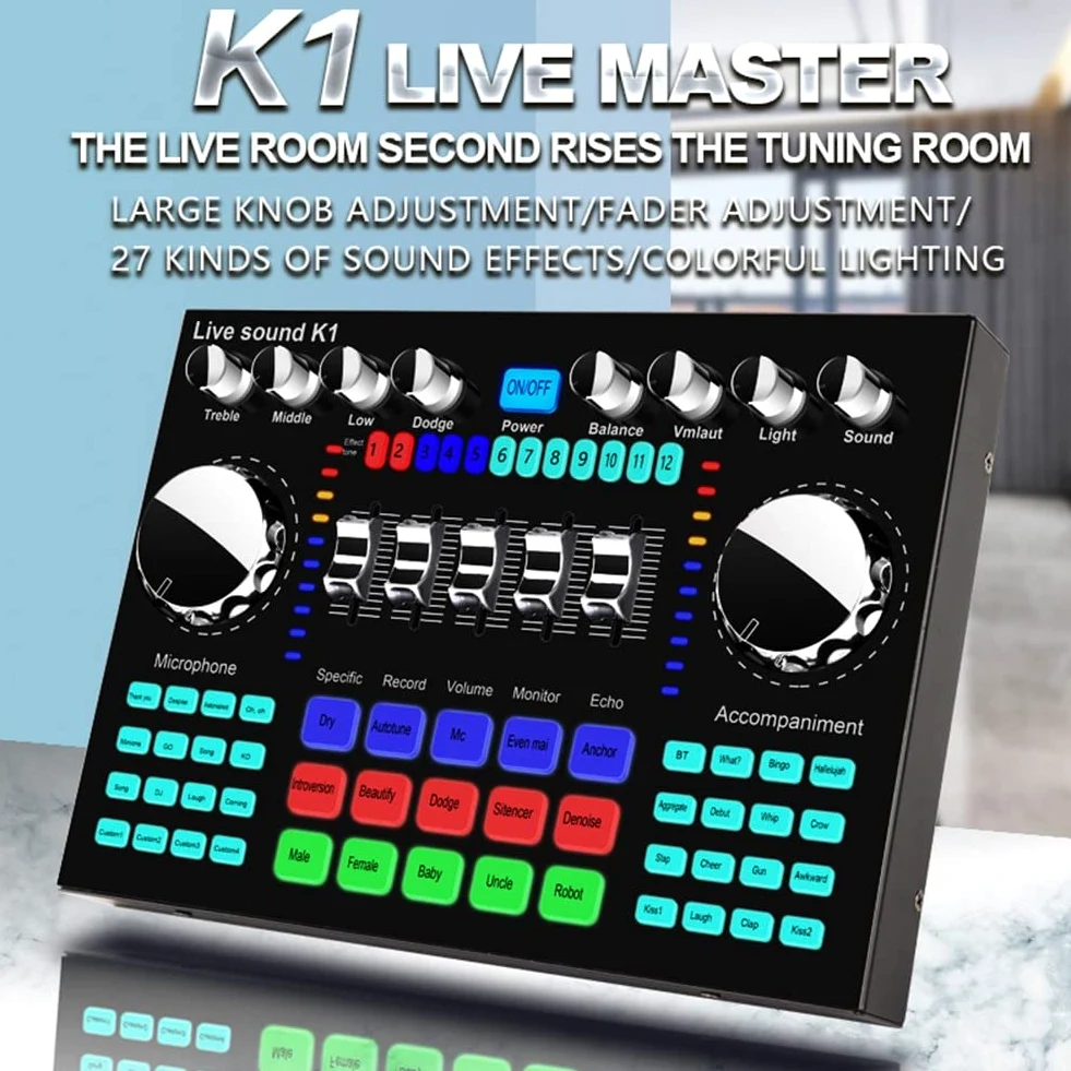 K1 Live Sound Card Portable Bluetooth Sound Card Profession RéGlable Volume Audio pour L'Enregistrement de Musique