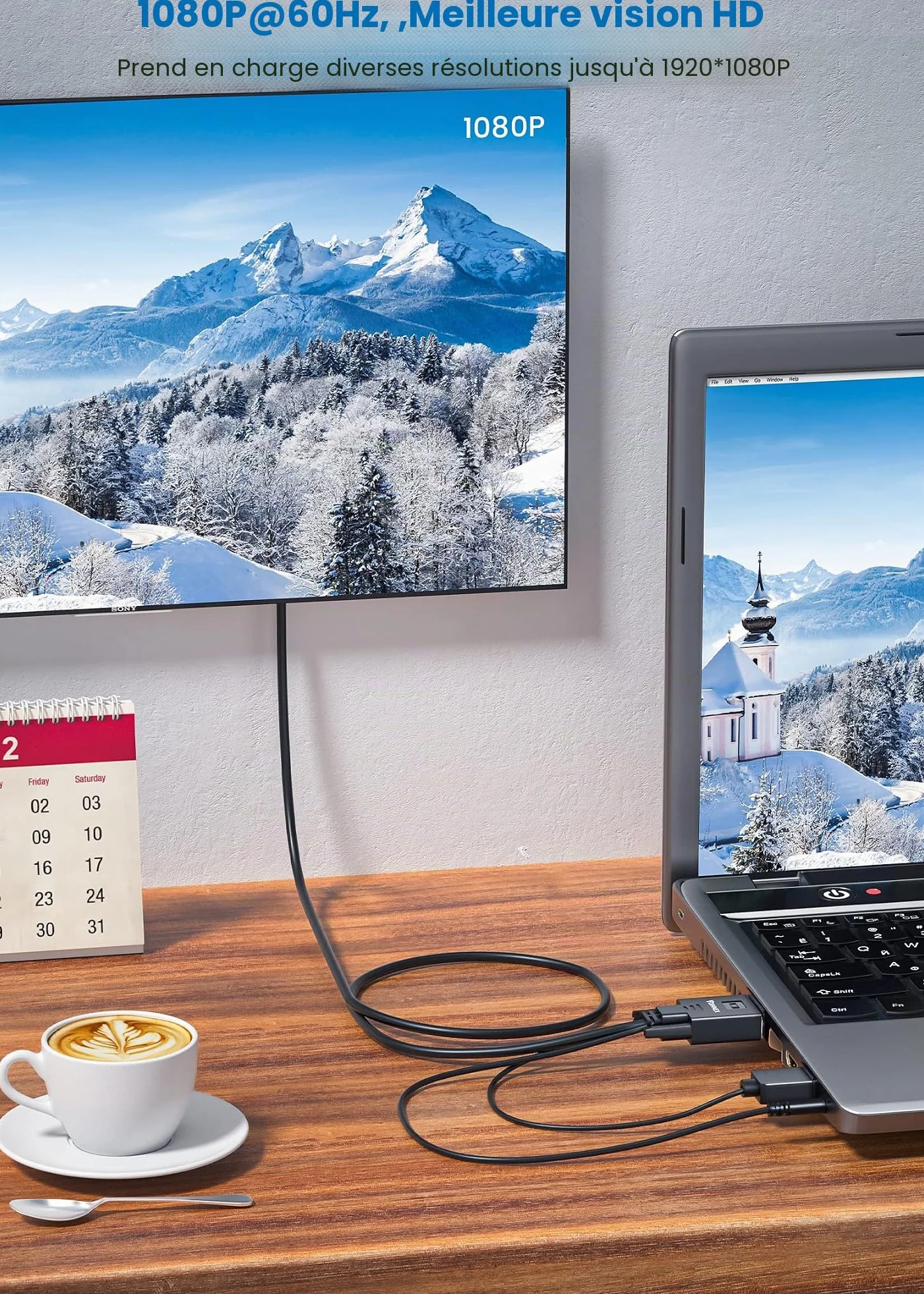 Câble VGA vers HDMI, Adaptateur Convertisseur avec Audio 1.8M/6FT