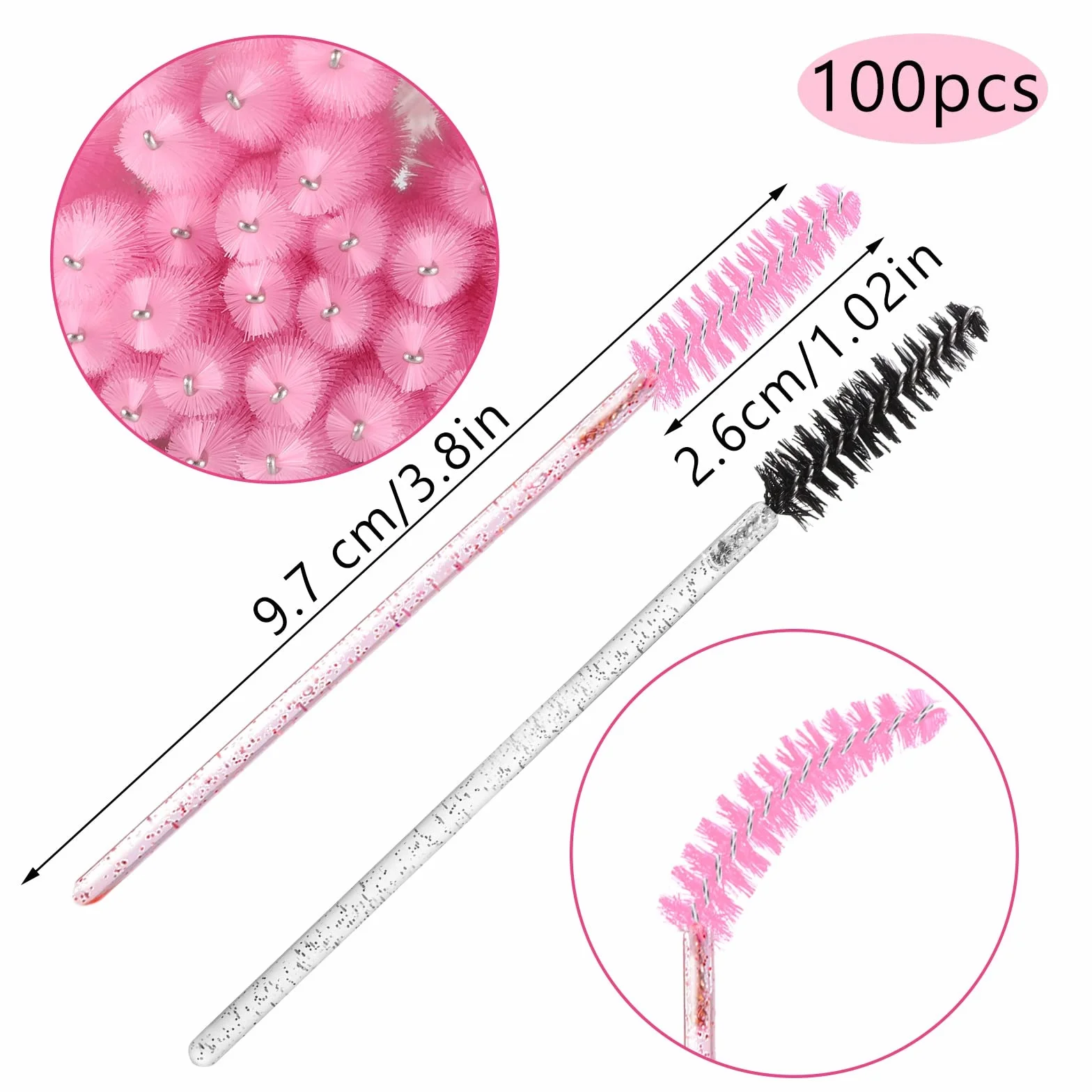 Brosses à Cils Jetables Lot de 100, Goupillon Cils avec Poignée en Cristal, Applicateur Maquillage Cils (Rose, Noir)