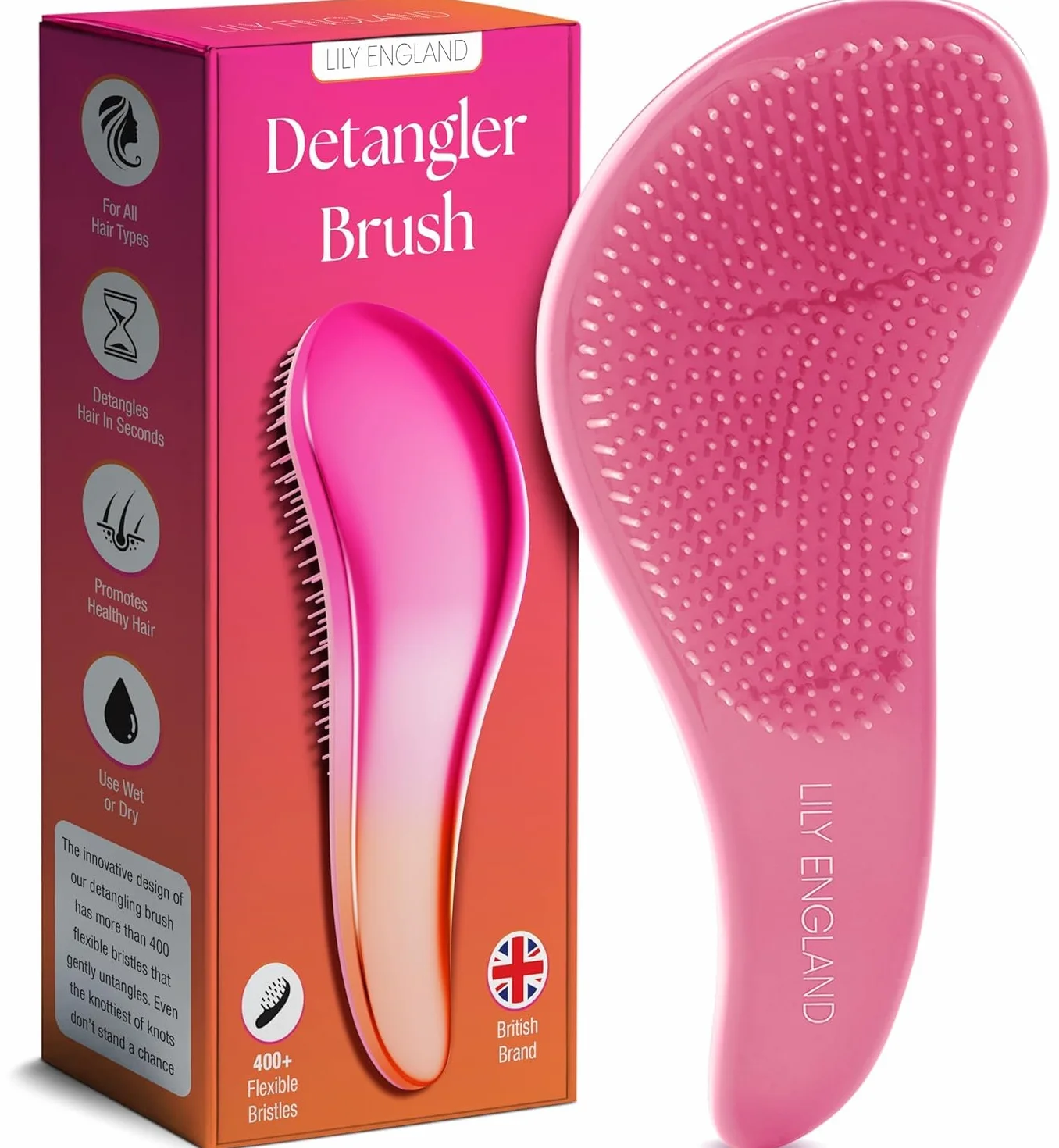 Lily England Brosse à Cheveux Démêlante pour Cheveux Fins, Épais, Bouclés, Secs ou Humides - Rose/Orange