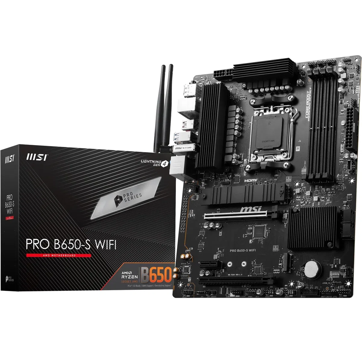 MSI Pro B650-S Carte mère WiFi V1, ATX - Prend en Charge Les processeurs AMD Ryzen 9000/8000/7000, AM5 - DDR5 Memory Boost 6000+MHz/OC, 2 x PCIe 4.0 x16, 2 x M.2 Gen4, Wi-FI 6E
