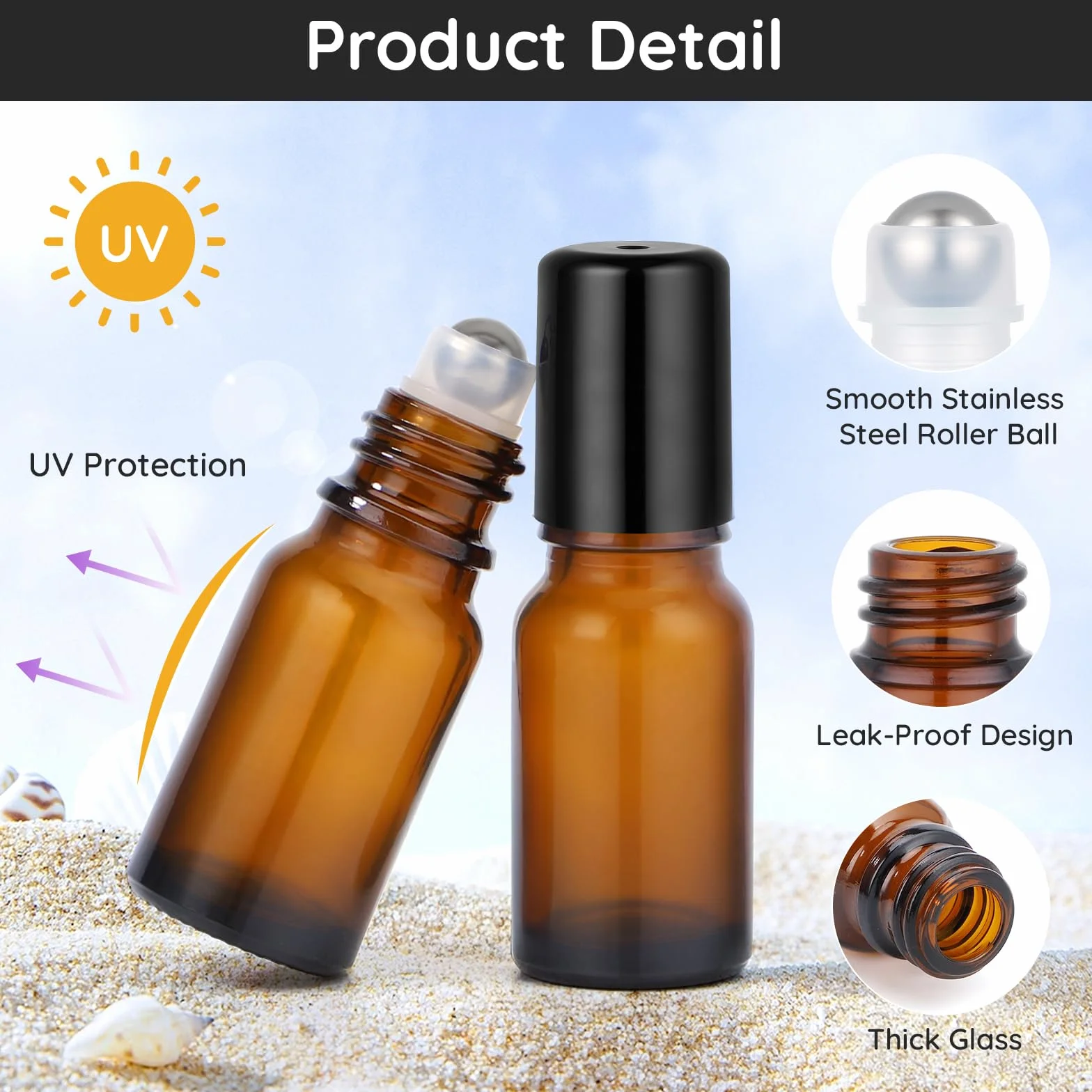 Segbeauty Flacon Roll on Vide en Verre 10ml Bouteille à Rouleaux Huile Essentielle Anti-UV Billes Acier Inoxydable pour Voyage Marron