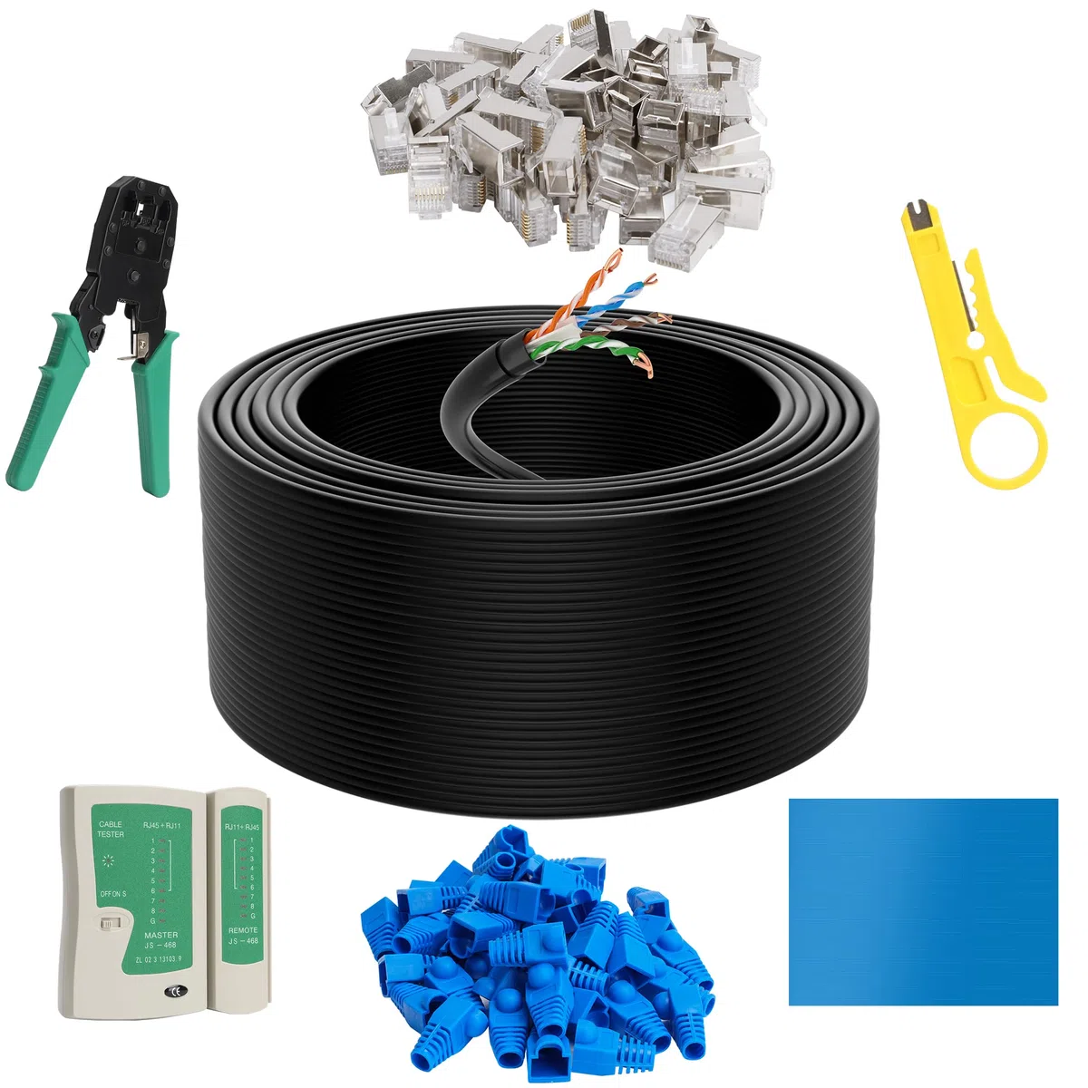 Ethernet Cat6 d'extérieur de 90 m avec kit d'outils, cordon réseau Internet robuste, prend en charge la norme Cat 6 Cat5e Cat5, UTP, CCA, imperméable, PVC et LDPE double gaine UV, à encastrer direct,