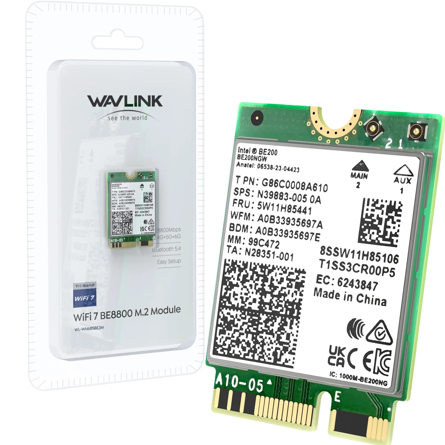 WAVLINK WiFi 7 Carte WiFi, 8774Mbps Tri-Band BE200 M.2 NGFF Network Module with Bluetooth 5.4, MU-MIMO, WPA3, Support Windows 10/11(64-bit) Laptop, Non Disponible pour Les Cartes mères AMD