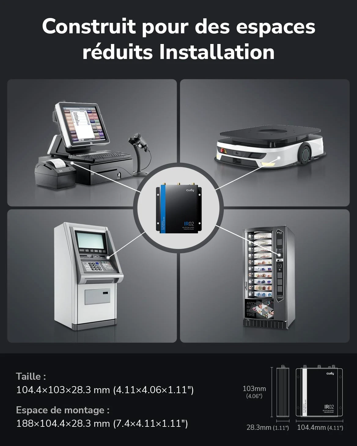 Cudy Routeur Wi-FI Industriel 4G LTE Cat 4 N150, RS232/485, E/S, IR02 | Boîtier métallique IP30 avec une plage de température de fonctionnement comprise entre -40 et 75 °C et une protection CEM de