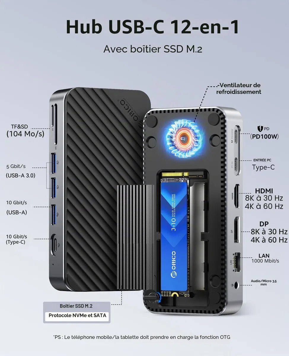 ORICO Hub USB C 12 en 1 avec boîtier M.2 SSD, Station d'accueil USB-C sans Outil avec Ventilateur, Docking Station HDMI,DP,RJ45,100 W PD, SD/TF, Audio/Mic, USB A&C 10 Gbps USB A&C 2 x 5 Gbps USB A