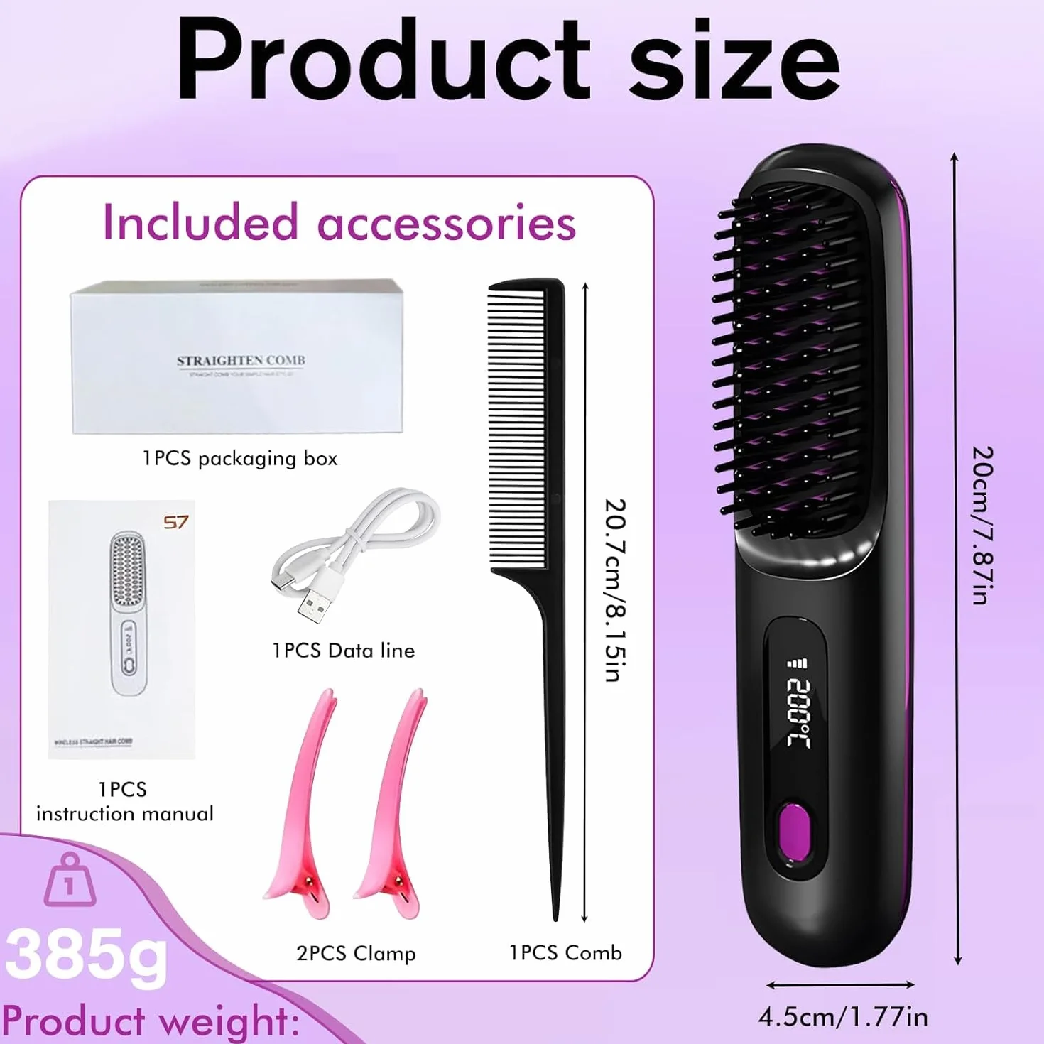 Brosse coiffante électrique sans fil pour cheveux courts, lissante avec affichage LED, 3 niveaux de température