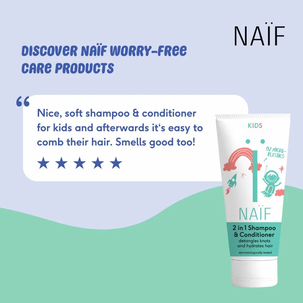 Naïf Shampoing & Après-Shampoing 2 en 1 Bébé & Enfant 200 ml – 0% parfum, sans SLES, microplastiques ni silicones