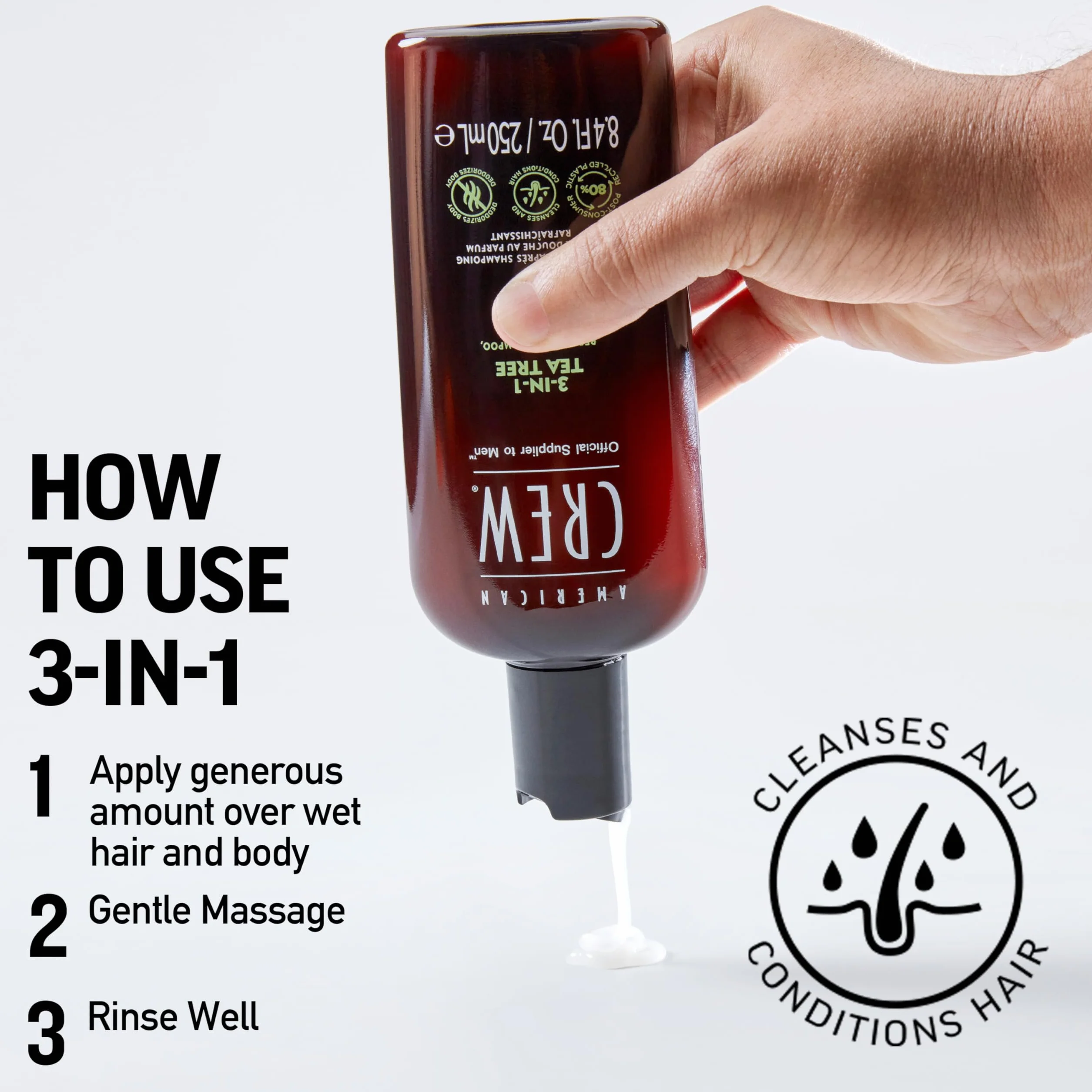 American Crew Shampoing 3 en 1 1000ml - Shampooing, Après-Shampoing & Gel Douche Cheveux et Corps