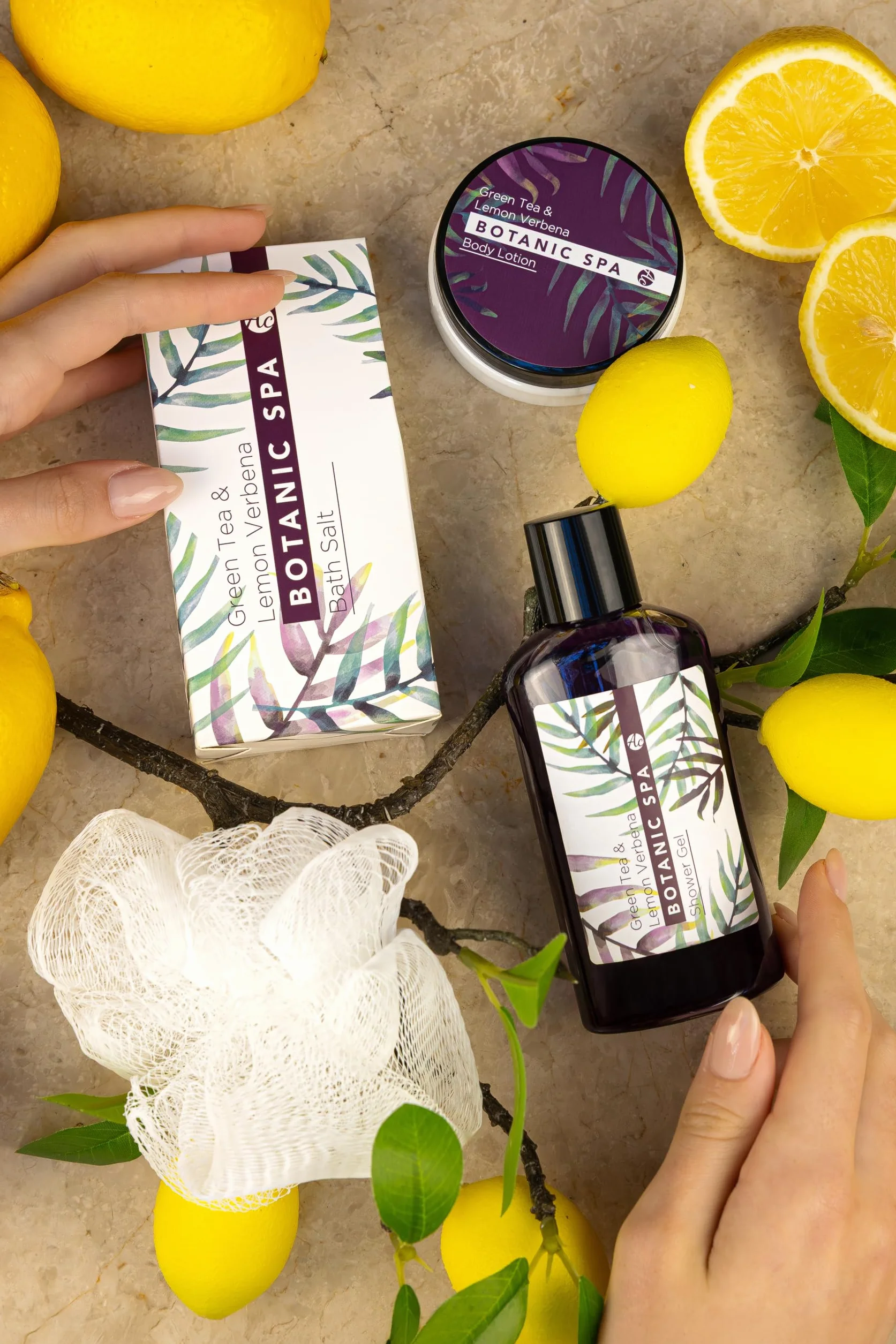 Accentra Set de bain femme Botanic SPA corbeille Kit soins 4 pcs gel douche sel de bain lotion corps éponge maillée
