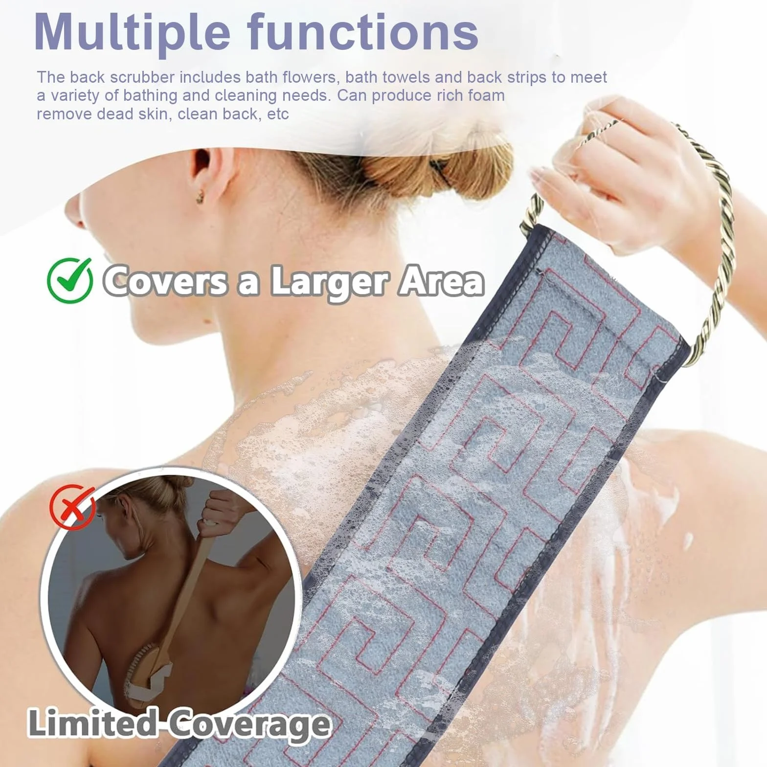 Sangle Lave Dos avec Poignée Gommage du Dos pour Douche Serviette de Bain Fleur de Bain
