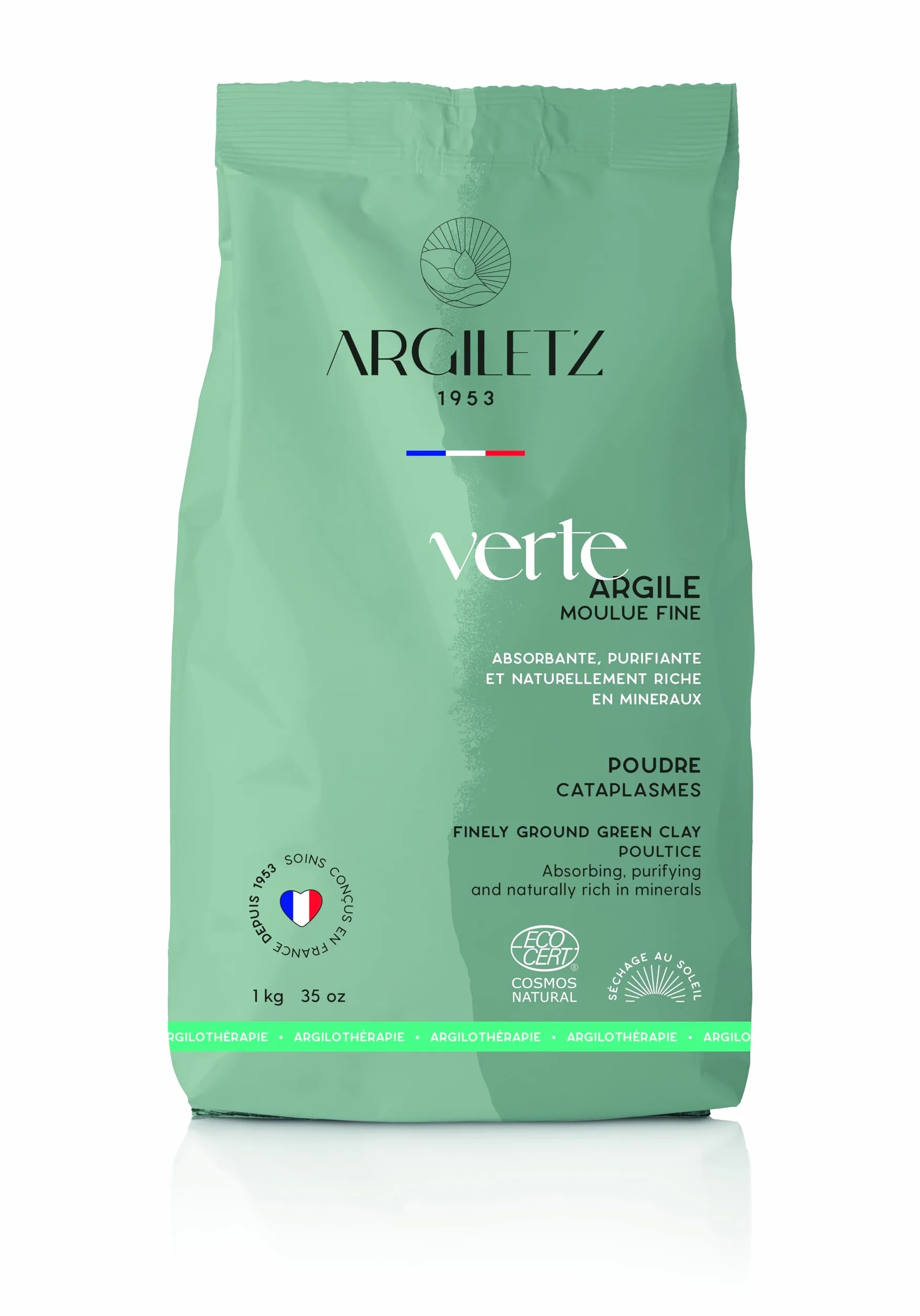 Argiletz Argile Verte en Poudre Moulue Fine 1 kg – Illite Naturelle Séchée Au Soleil – Cataplasme, Masque Visage Corps