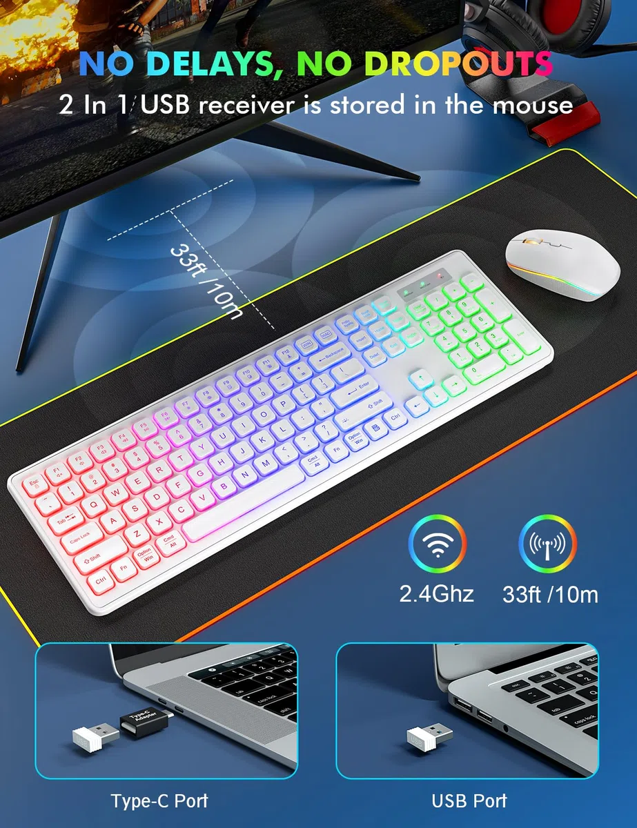 Clavier et souris sans fil – Rétroéclairé RVB, lettres rechargeables et lumineuses, pleine taille, angle d'inclinaison ergonomique, mode veille, clavier silencieux 2,4 GHz pour Mac, Windows,