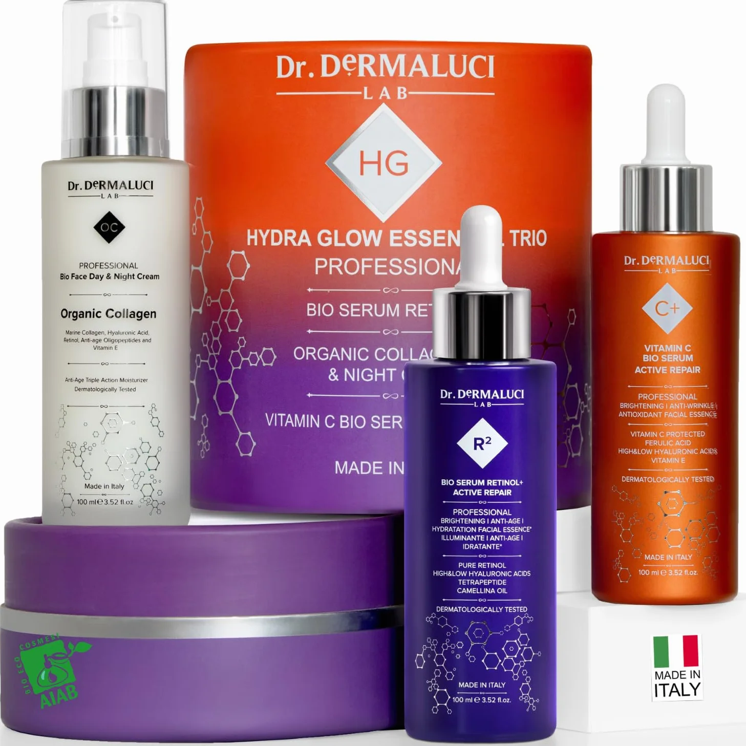 Dr. Dermaluci Lab TRIO Cadeau Routine BIO Anti-Âge Sérum Vitamine C Crème Collagène Sérum Rétinol 300ml