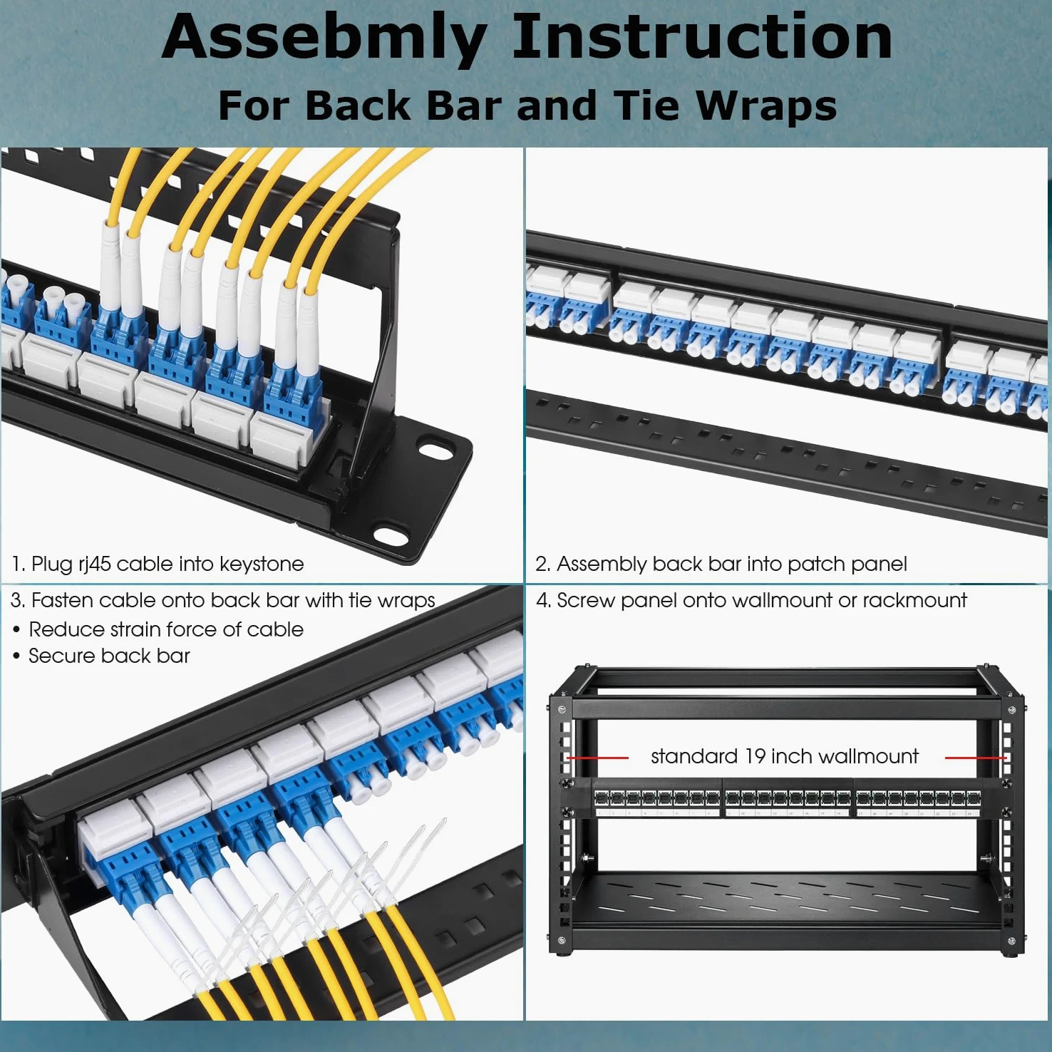 Panneau de brassage en fibre optique 1U avec 24 adaptateurs de fibre optique monomode LC OS2, coupleurs Keystone Jack modulaire avec clé en ligne blanche, connecteurs monomode pour racks