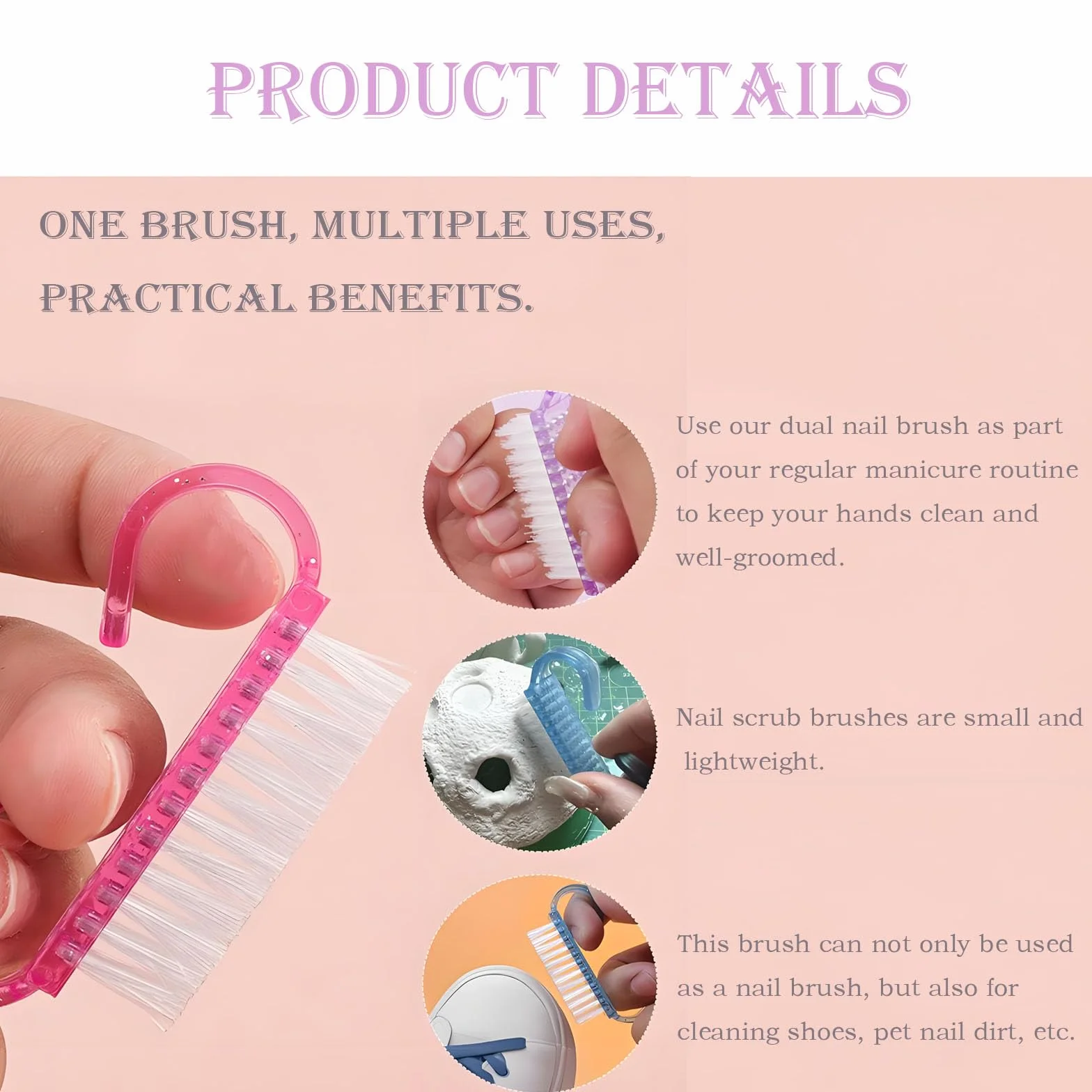 Brosse Ongles 4 Pièces avec Poignée Plastique, Brosses Nettoyage Manucure Nail Art