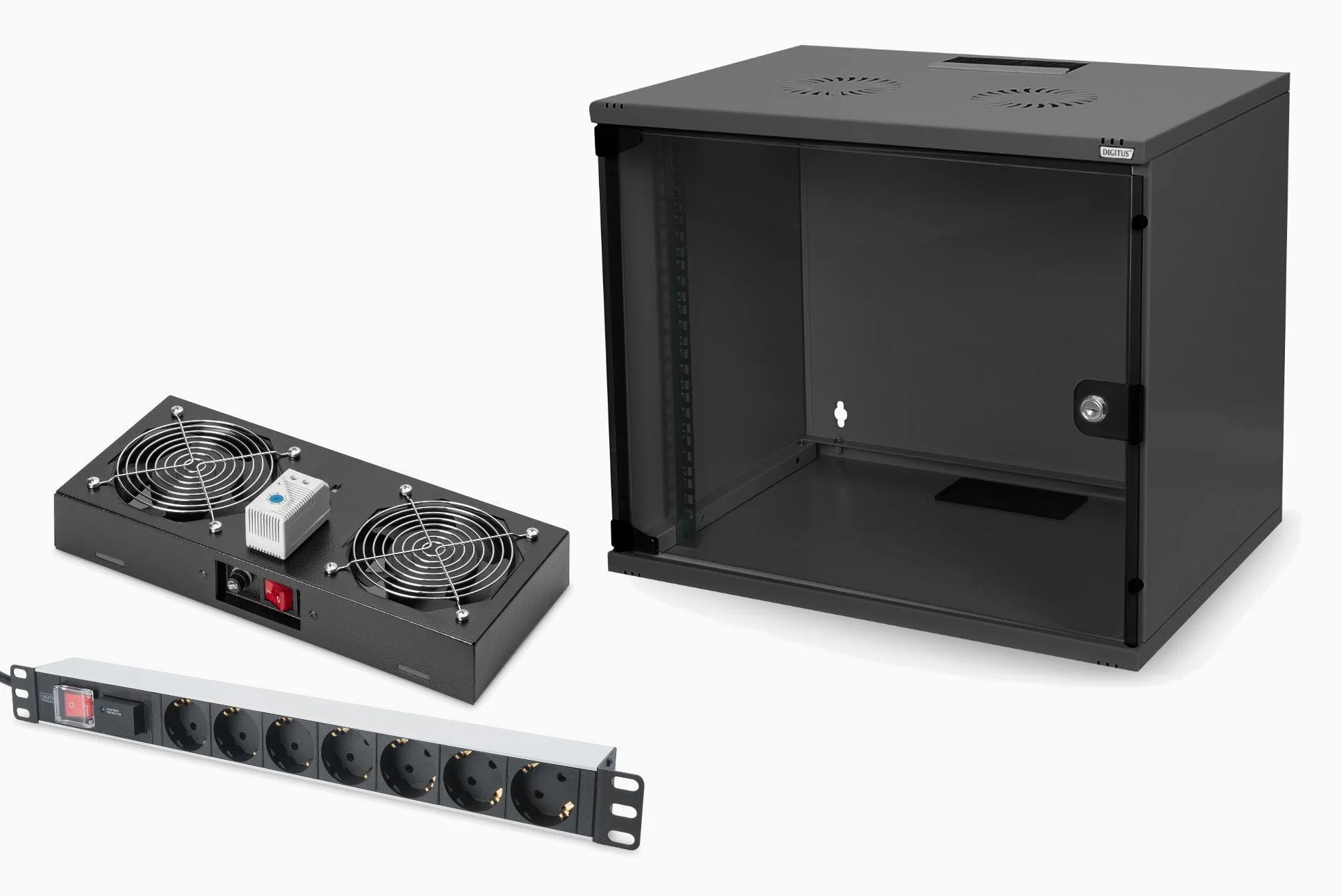 DIGITUS Set: Armoire réseau 19" 7U + ventilateur de toit + bloc multiprise 7 ports // Rack 19 pouces - Non monté - Montage mural - Profondeur 400 mm - Charge 60 kg - Profondeur utile 170-270 mm - Noir