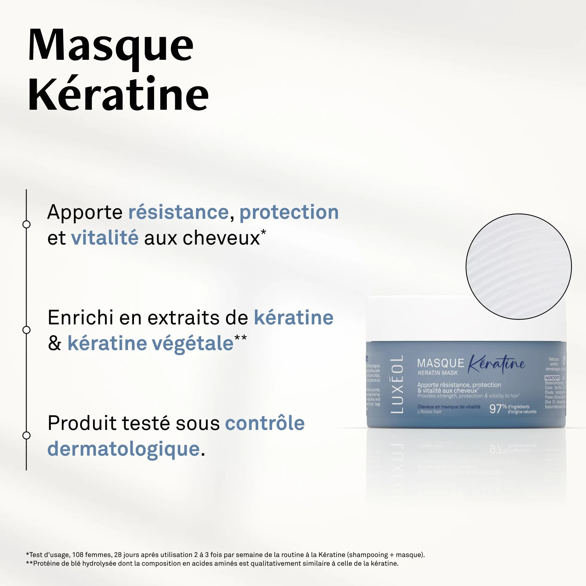 LUXEOL Masque Kératine 200 ml Cheveux renforcés réparés Sans silicones Fabriqué en France