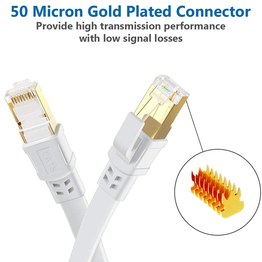 Câble Ethernet Cat 8 de 22,9 m pour réseau Internet, LAN, haut débit, 2000 MHz, 40 Gbit/s, câbles RJ45 pour jeux, Xbox, PS4, modem, routeur - Compatible avec réseau Cat7/Cat6e/Cat5e - Blanc