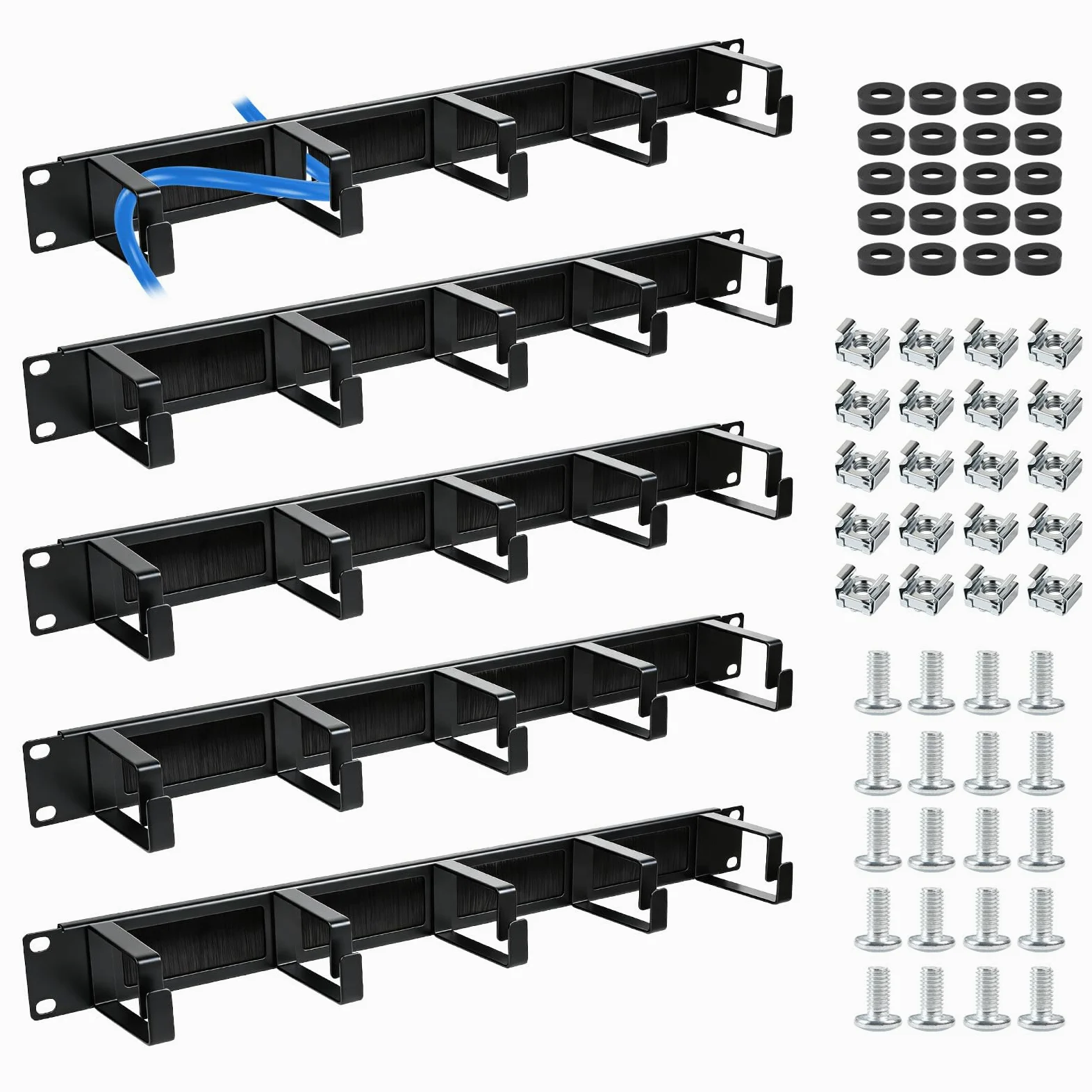EFUTURETIME 5×19" Panneau Passe-câble avec Brosse 1U, 5 Étriers De Guidage | Panneau de Rangement de Câbles, Armoires Réseau, Rack Serveur, Crochets en D, M6 Écrous à Cage, M6 Vis, 482×45×82mm