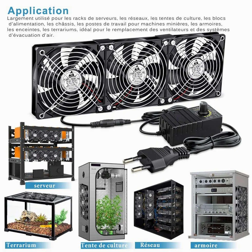 GDSTIME 3x 120mm Ventilateur 220V 360mm Fan à roulement à billes Réglable | Ventilateur pc 360mm 220v fan 3x 120mm Ventilateur pc 230v Contrôleur de Vitesse Réglable pour Meuble Serveur Convertisseur