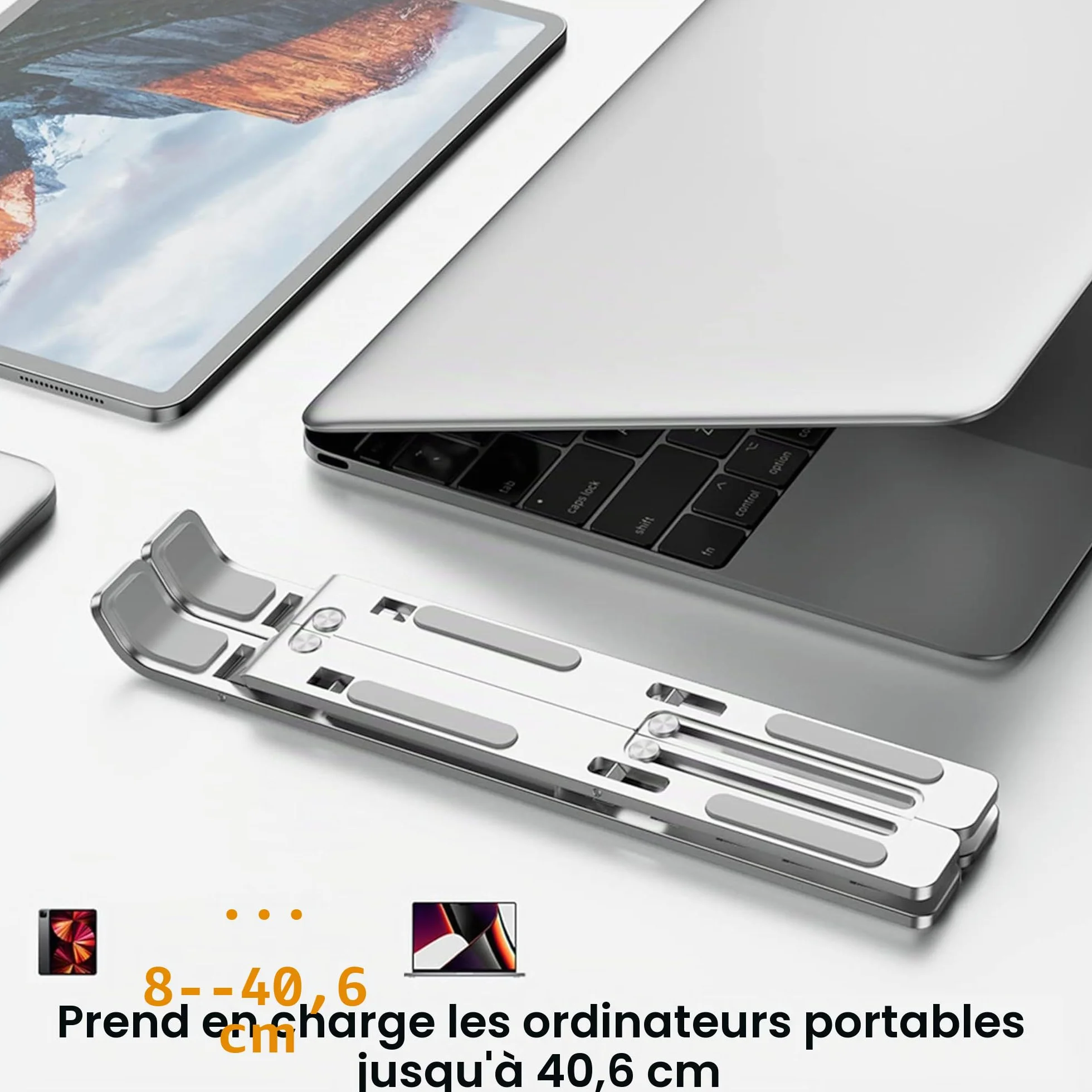 AiTodos® Support Ordinateur Portable Alliage Aluminium Léger Compact Pliable Réglage 6 Vitesses Argent
