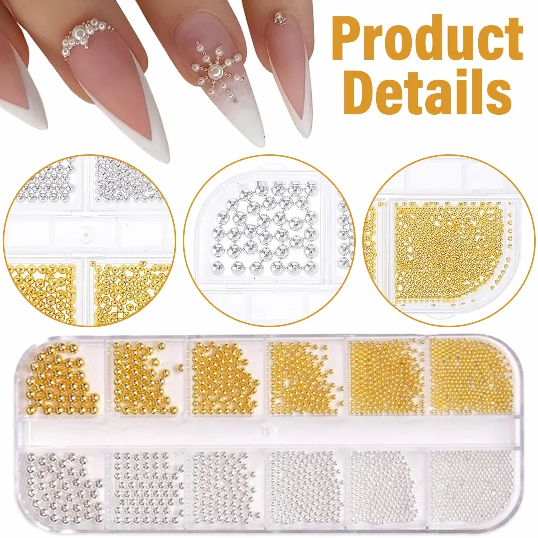 Perles à dos plat pour nail art, Lot de 2 boîtes en acier doré et argenté, 3D petite perle design deco ongle