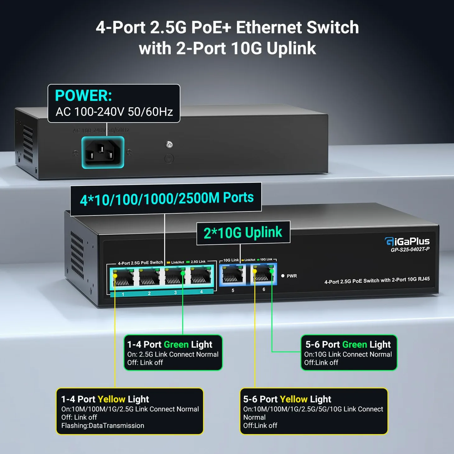 Switch Ethernet PoE Non administrable 6 Ports 10Gb avec 4 Ports PoE 2.5G Base-T et 2 Ports RJ45 10G. Capacité de Commutation de 60Gbit/s. Switch réseau GiGaPlus 10Gbit/s pour NAS/PC 2.5G/10Gbit/s