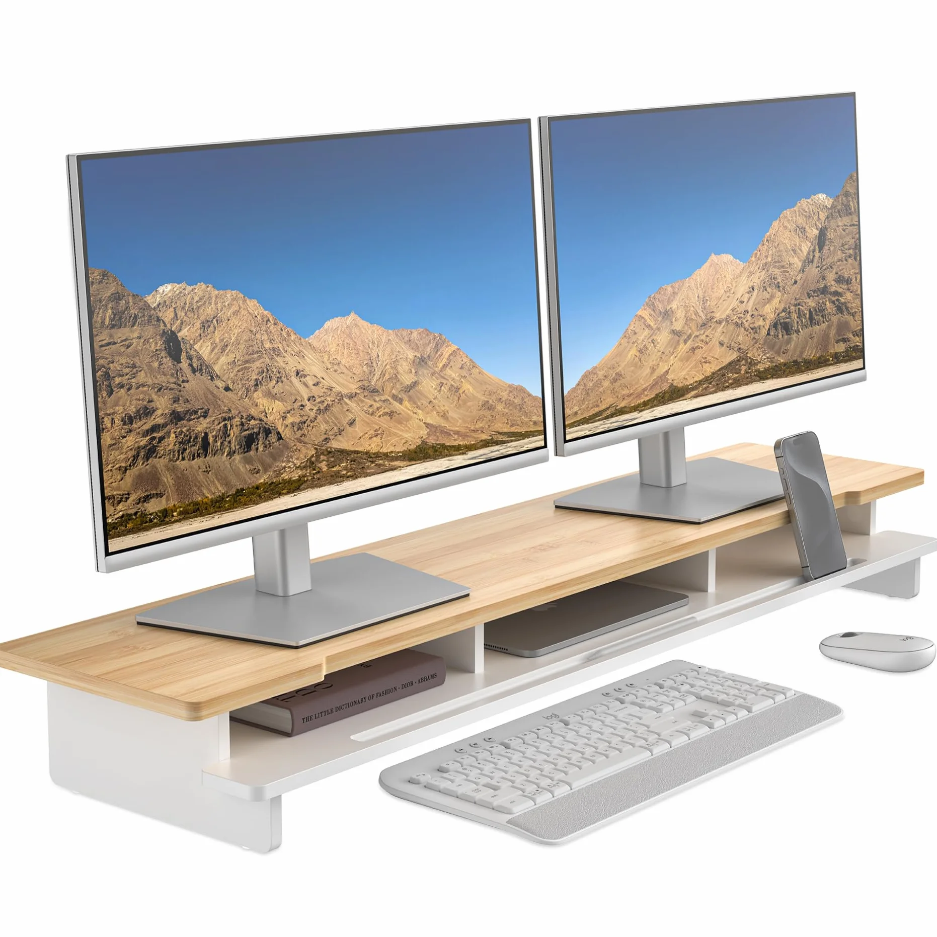 WELL WENG Support double pour moniteur de bureau, étagère en bois avec organiseur de rangement et support pour smartphone et tablette 108 cm blanc bambou naturel