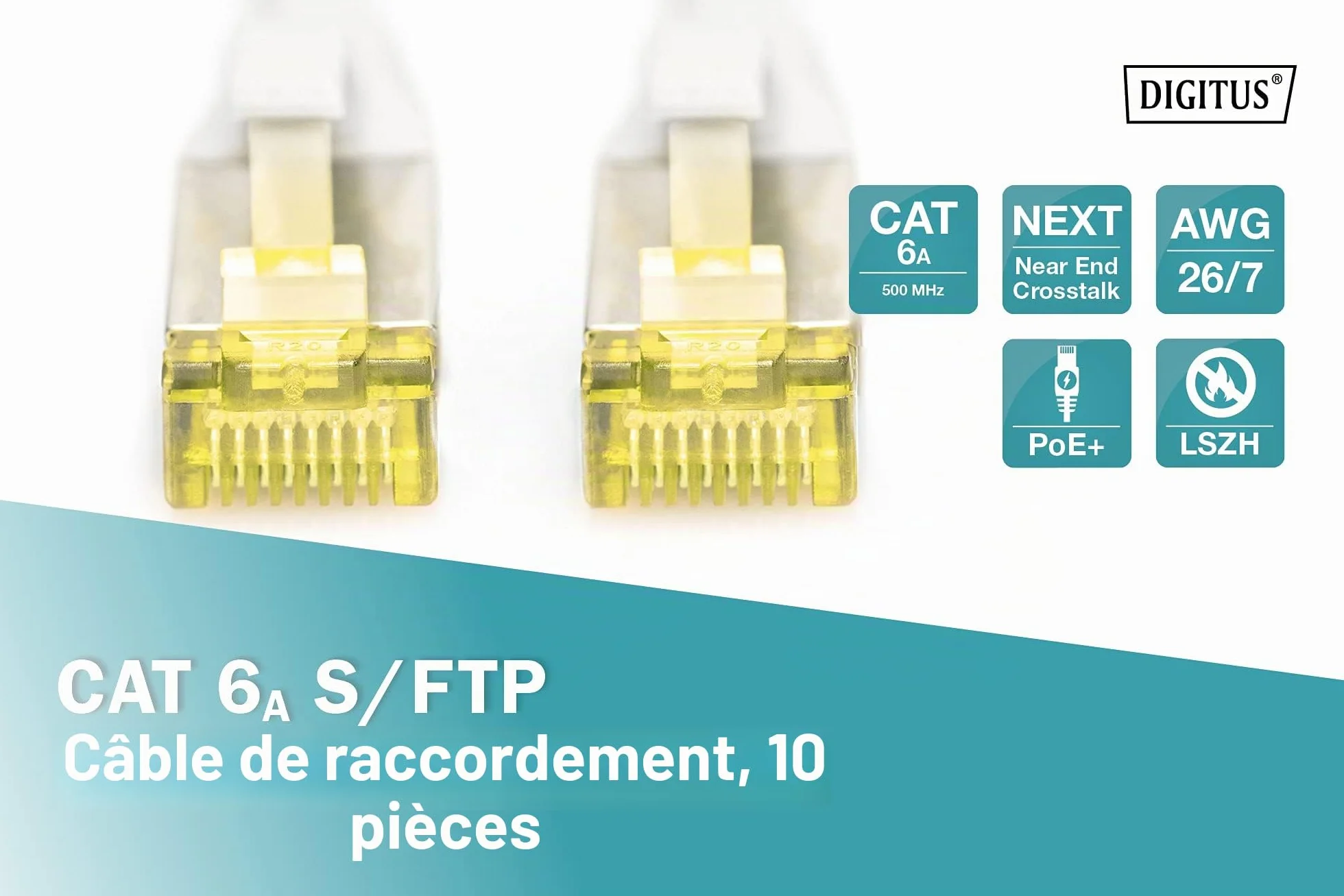 DIGITUS Câble LAN Cat 6A 0,5m 10 pièces RJ45 S/FTP Blindé Gris