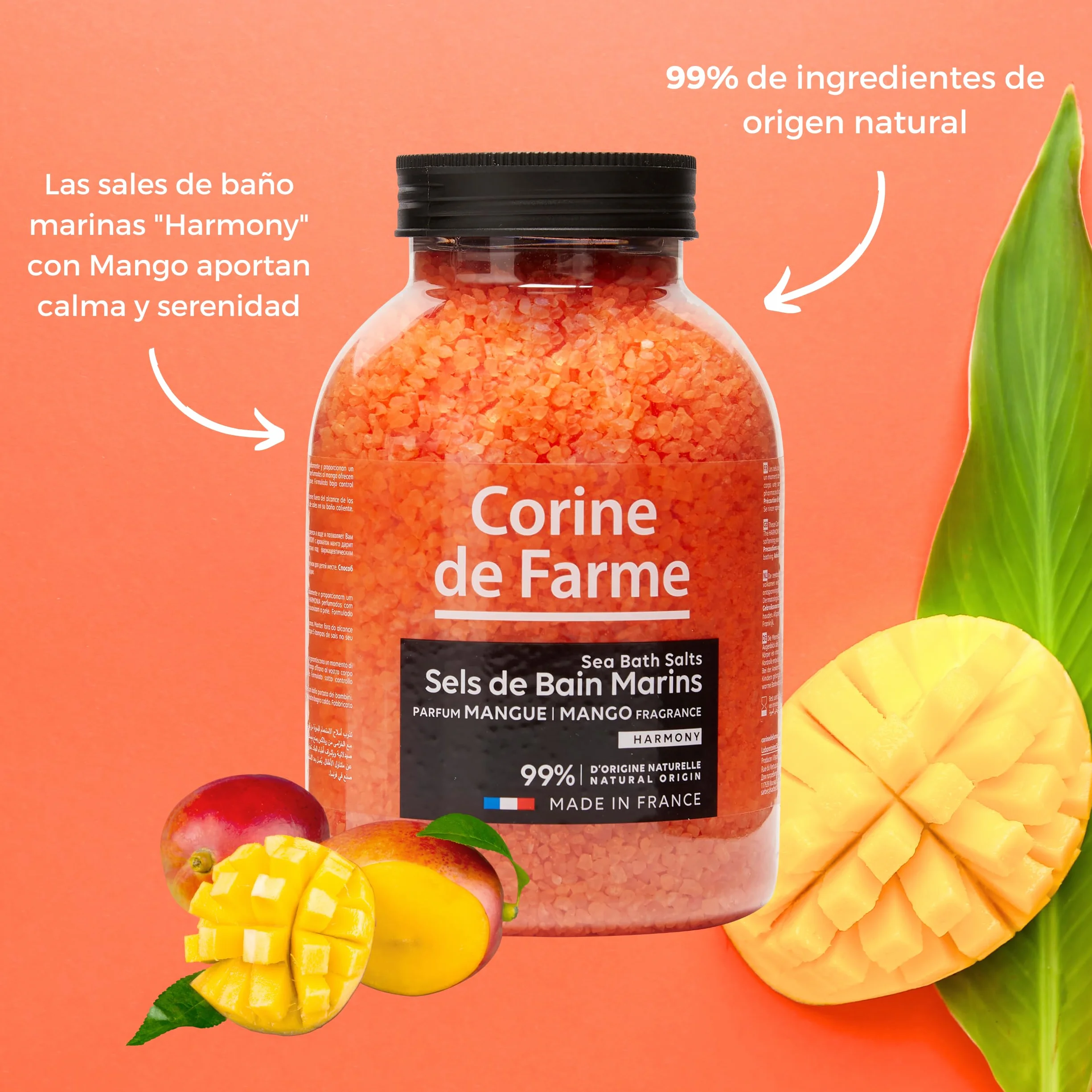 Corine de Farme Sels de Bain Harmony Mangue 1.3kg Sels Marins Aromatisés Dissolution Rapide Apaisants Relaxants