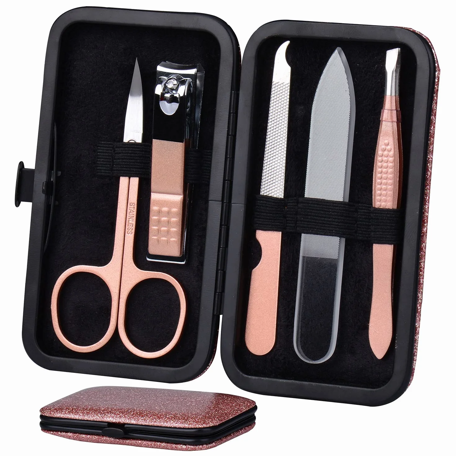 Kit de manucure et pédicure 5 pièces en acier inoxydable or rose avec étui de voyage en cuir