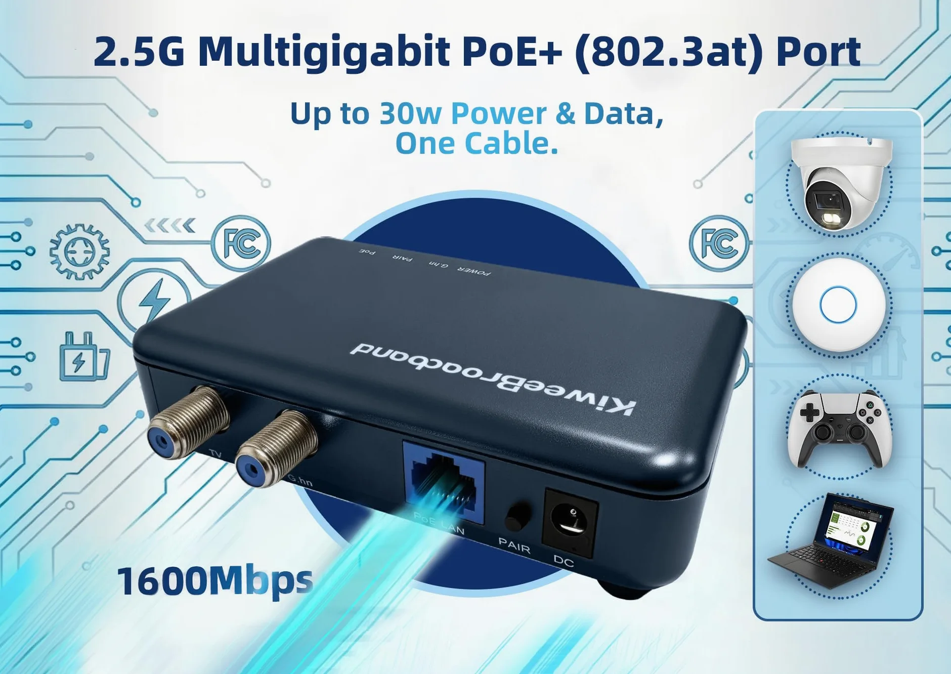 KB-G3-03 Kit Adaptateur Coaxial G.hn Wave 2 (Pack de 2) avec Port 2.5GbE & PoE+ (30W) – Ethernet Via Câble Coaxial (1.6Gbps), pour Point d'Accès Wi-FI 6E/7, IP Caméra, Compatible TNT/Sat
