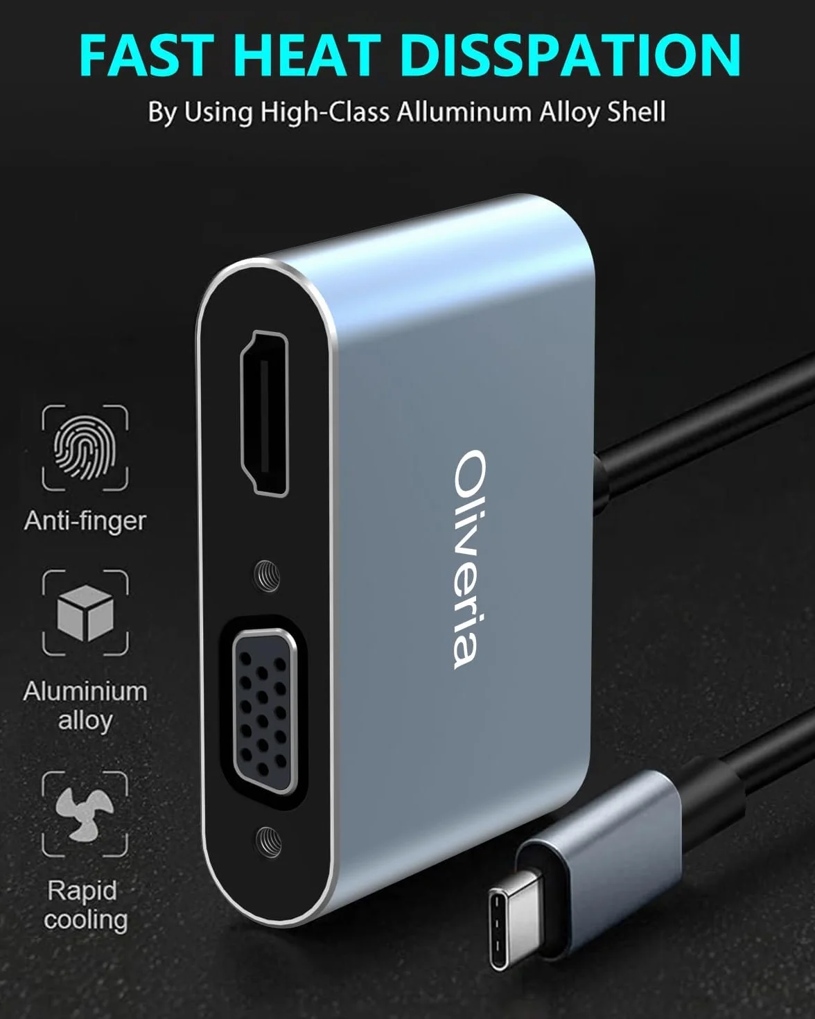 Oliveria Adaptateur multiport USB C 4 en 1 4K 30 Hz HDMI VGA Thunderbolt 3 PD 100 W USB 3.0