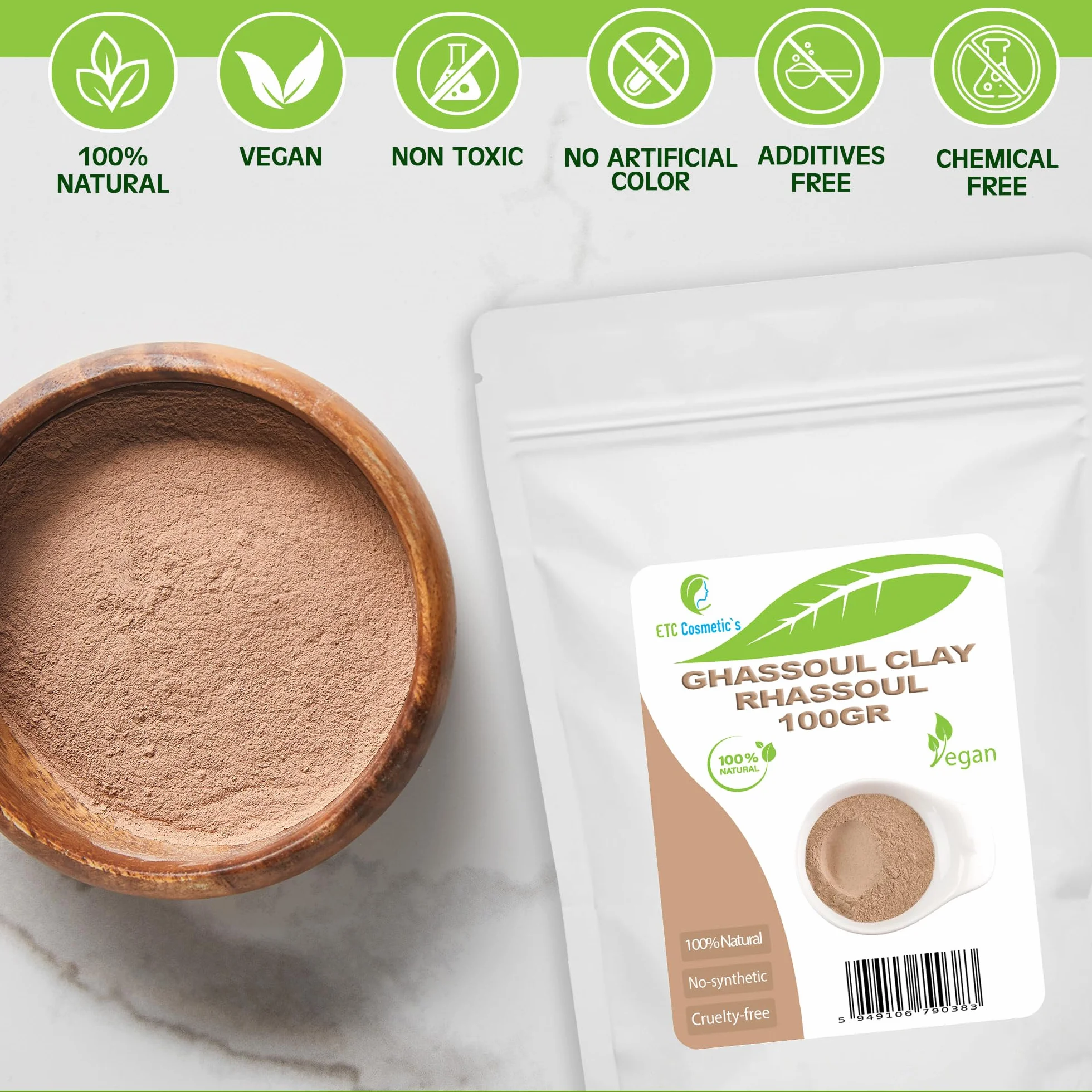 Ghassoul Argile Rhassoul 100g Masque Visage Corps Cheveux Gommage Doux Savon Anti-Âge