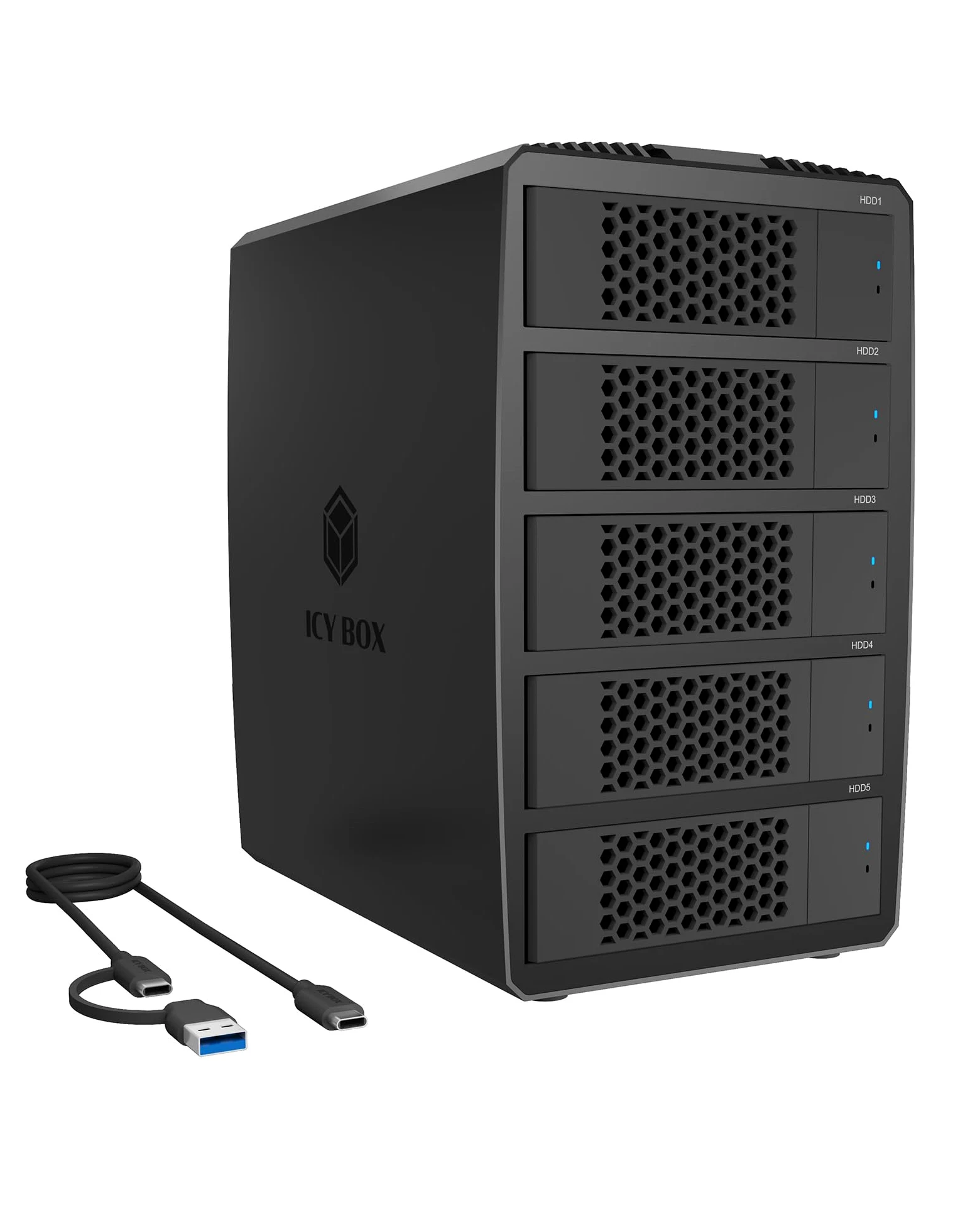 ICY Box Boîtier Raid 5 Baies pour HDD/SSD 2,5"/3,5", Stockage Das USB-C avec USB 3.2 Gen 1 (5 Gbps), HotSwap SATA III Enclosure, Modes 0/1/3/5/LARGE/SINGLE, IB-RD3705-CU3, Heart Raid 3705