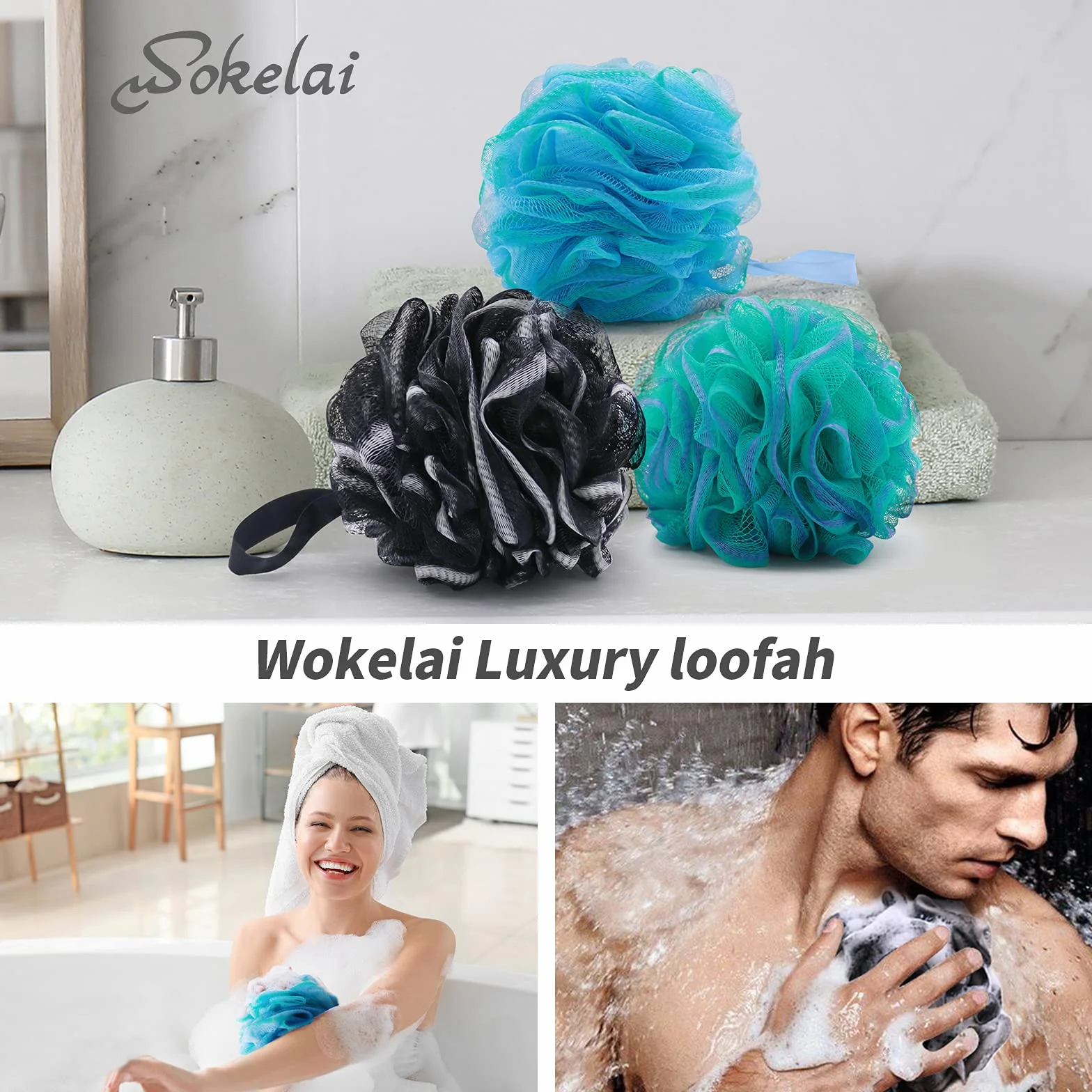 Lot de 3 éponges de bain en maille XL 75 g Luffa loofa pour femmes hommes enfants