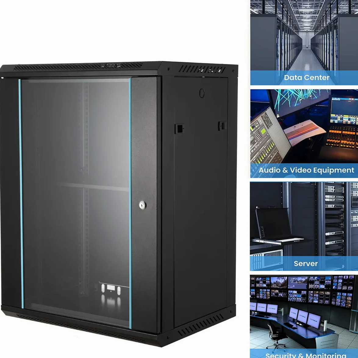 Rack de serveur réseau 15U 19" - Montage mural - Boîtier réseau pour appareils informatiques, A/V - Armoire réseau, armoire réseau, armoire d'ordinateur, porte en verre verrouillable - Parois