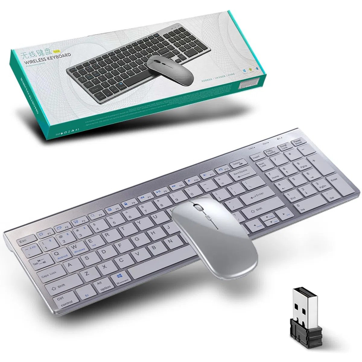 Ensembles Clavier Souris sans Fil 2.4Ghz & Bluetooth, Clavier et Souris sans Fil avec Batteries Rechargeables, Clavier Ultra-Fin avec Pavé Numérique, Souris Silencieuse,pour PC/Laptop/Mac,QWERTY