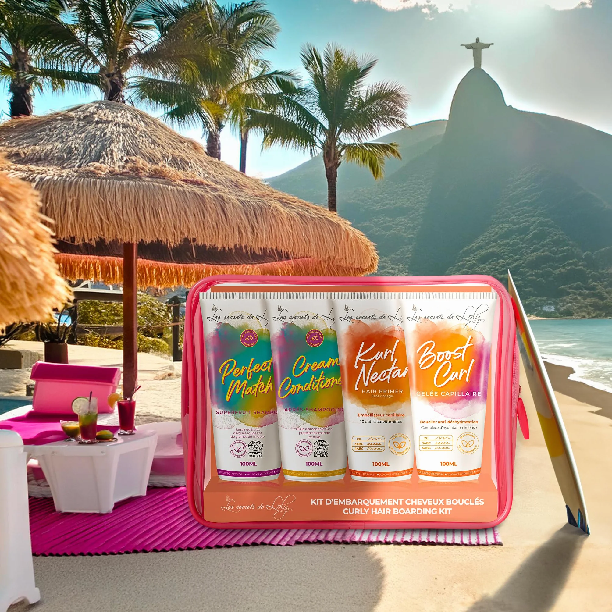Les Secrets de Loly Trousse de Voyage Cheveux Bouclés 4 Soins 100ml Shampooing Après-Shampooing Leave-in Gelée