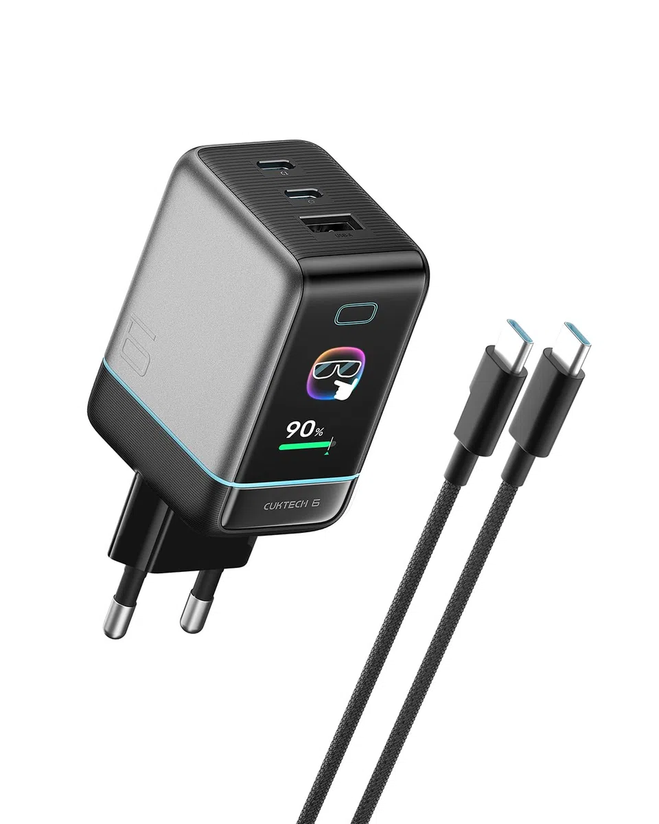 CUKTECH 65W Chargeur USB C GaN à 3 Port, Écran Tactile TFT, Câble Tressé 1m