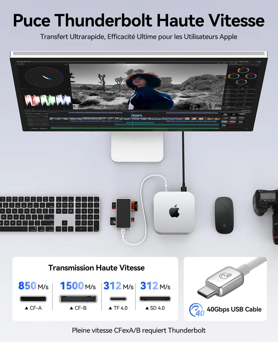 ORICO CFexpress Lecteur de carte mémoire 40 Gbps type B/A et SD/TF UHS-II avec quatre emplacements, lecteur de carte USB4 haute performance compatible avec Thunderbolt 3/4/5