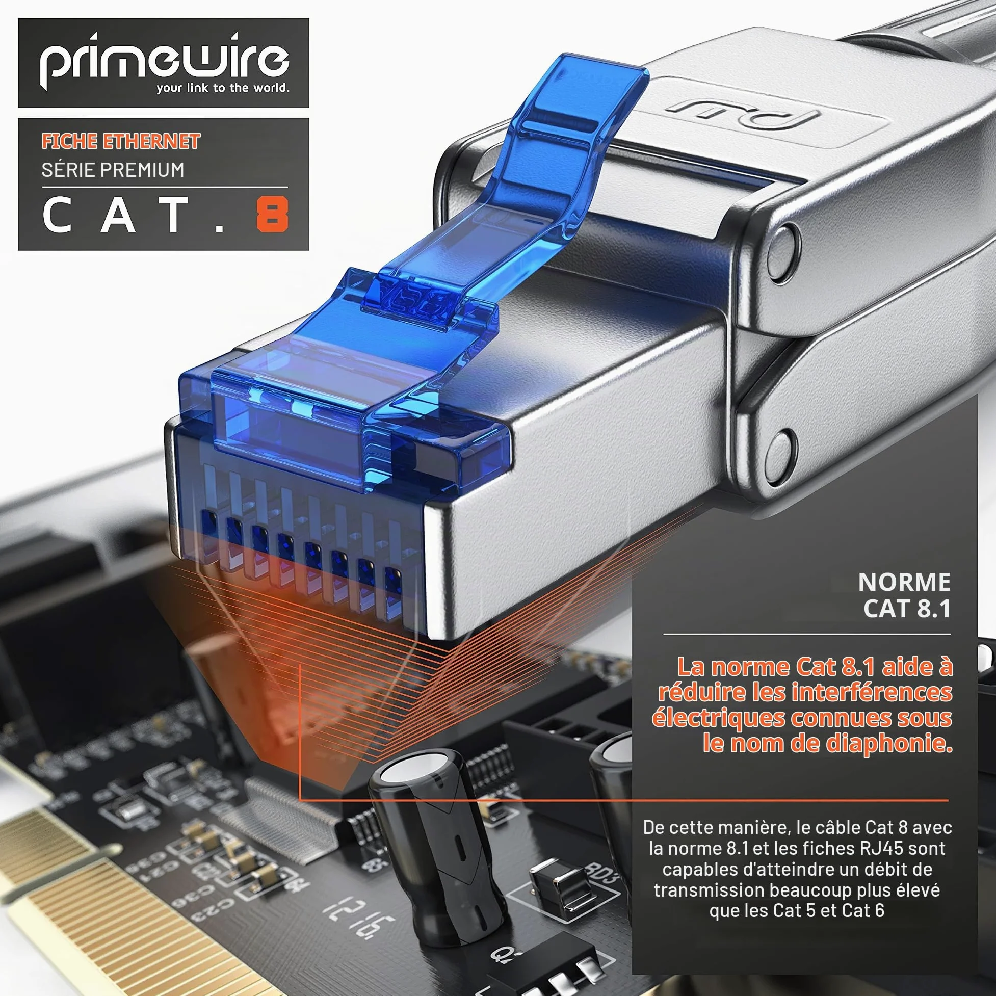 Primewire - 10x connecteurs de sertissage sans Outils RJ45 Cat 6 Cat 7 Cat 8 - connecteur modulaire rj45 - fiche rj45 sans Outil - blindé en Zinc - LAN 40 GBit/s 20000 MHz - TIA-568A, B - 23, 26 AWG