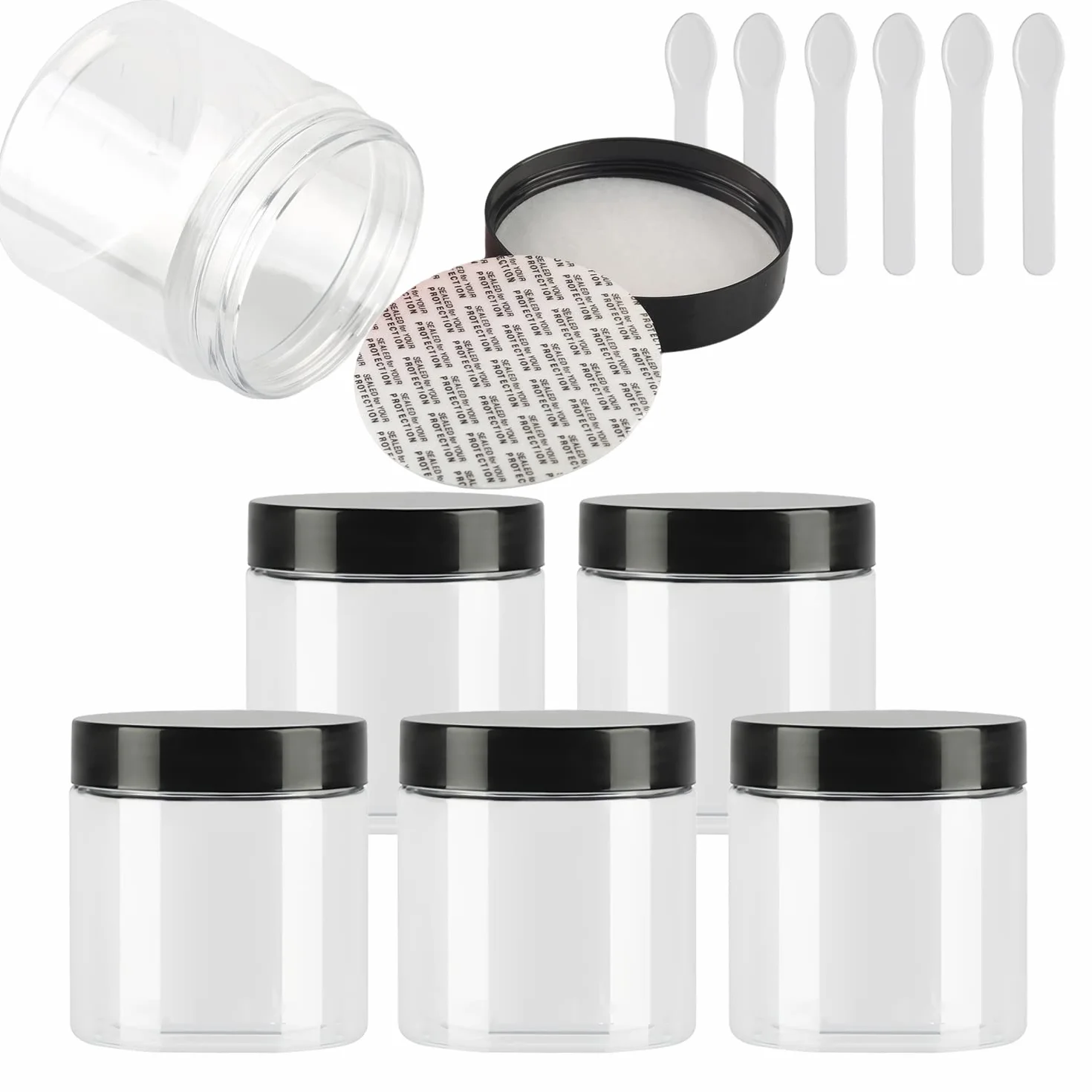 Pots Cosmétique Plastique 200 ml Transparent Couvercle Noir 6 Pièces avec Spatules