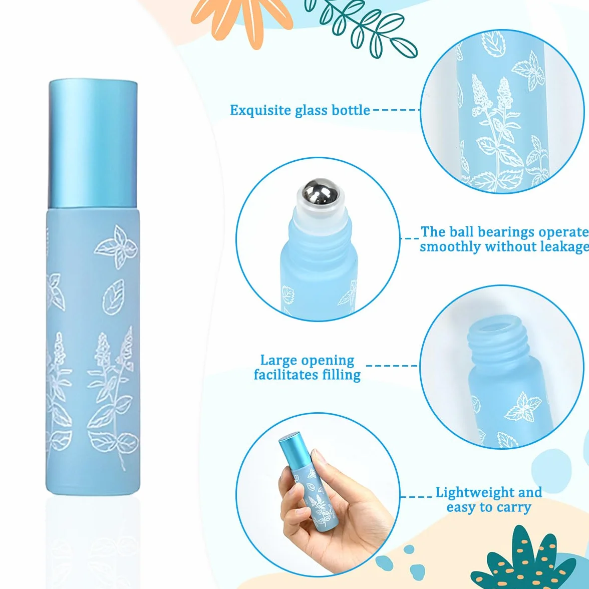 Flacons Roll-on en Verre 10 ml avec Bille en Acier Inoxydable - Lot de 8