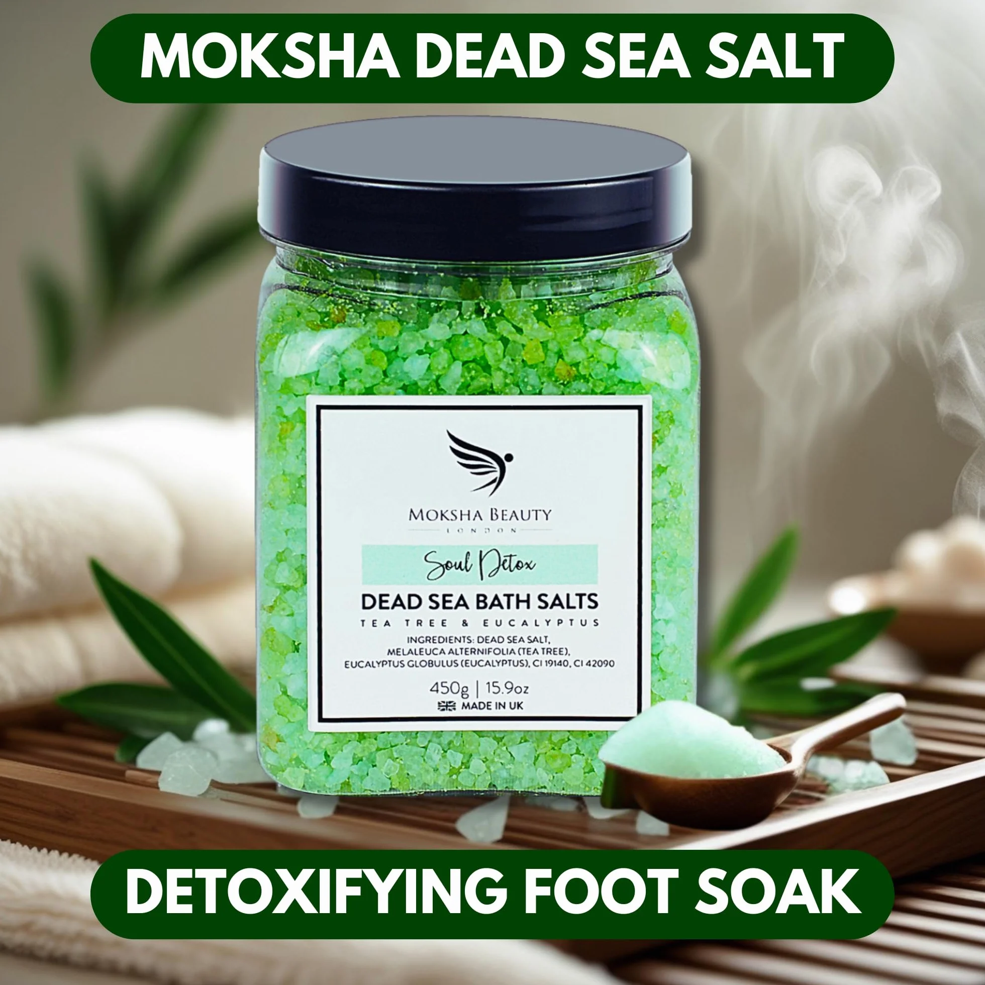MOKSHA Sels de bain de la mer Morte à l'arbre à thé – Spa relaxant pour pieds fatigués, soulagement musculaire