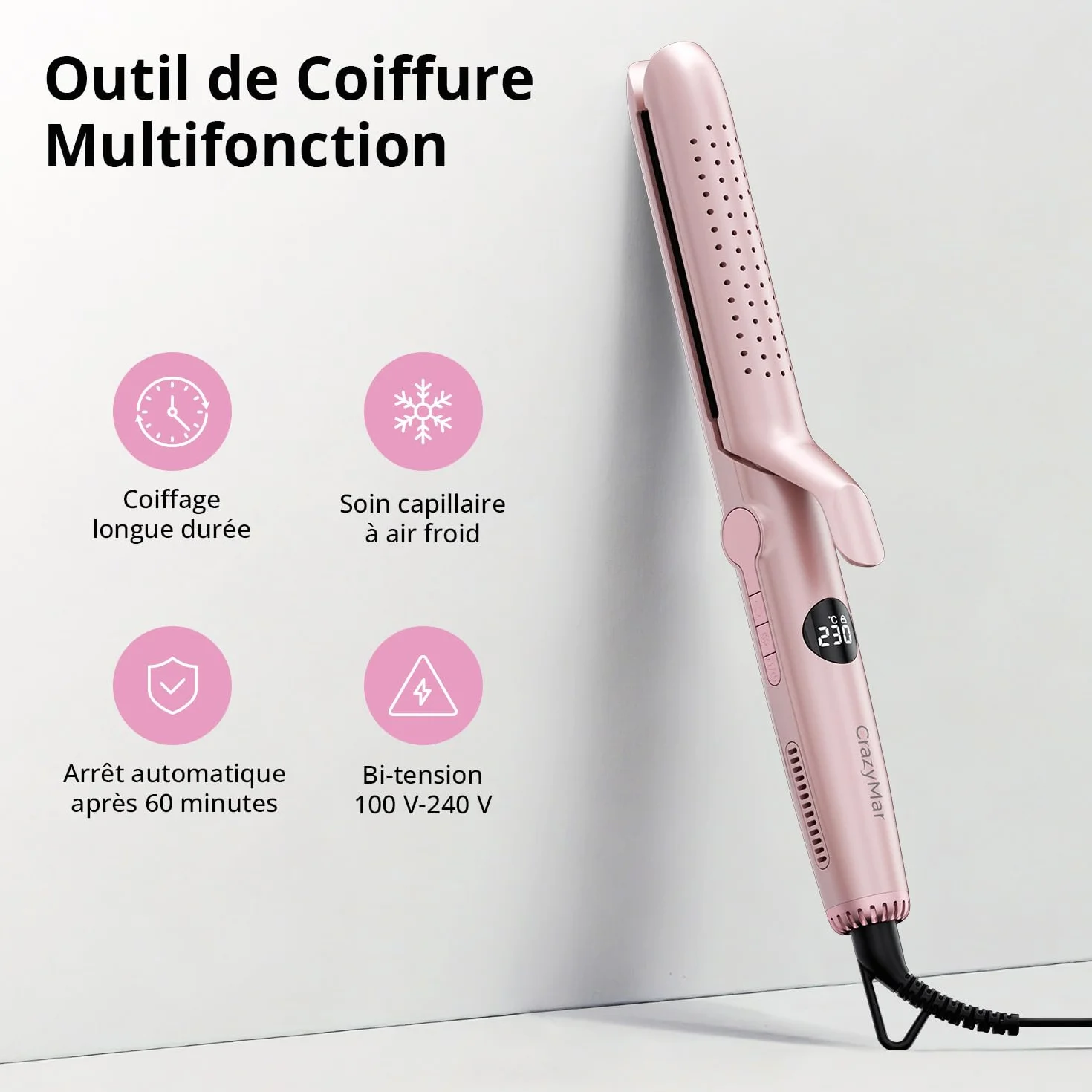 CrazyMar Lisseur à Air Froid et Boucleur Ionique 2-en-1 9 Températures 110℃-230℃ pour Cheveux Bouclés Lisses Appareil de Coiffure Rose