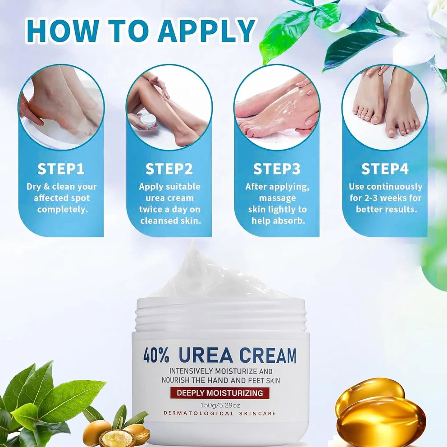 Crème à l'Urée 40% pour les Pieds, Réparatrice Hydratante Peau Sèche Craquelée, 150g