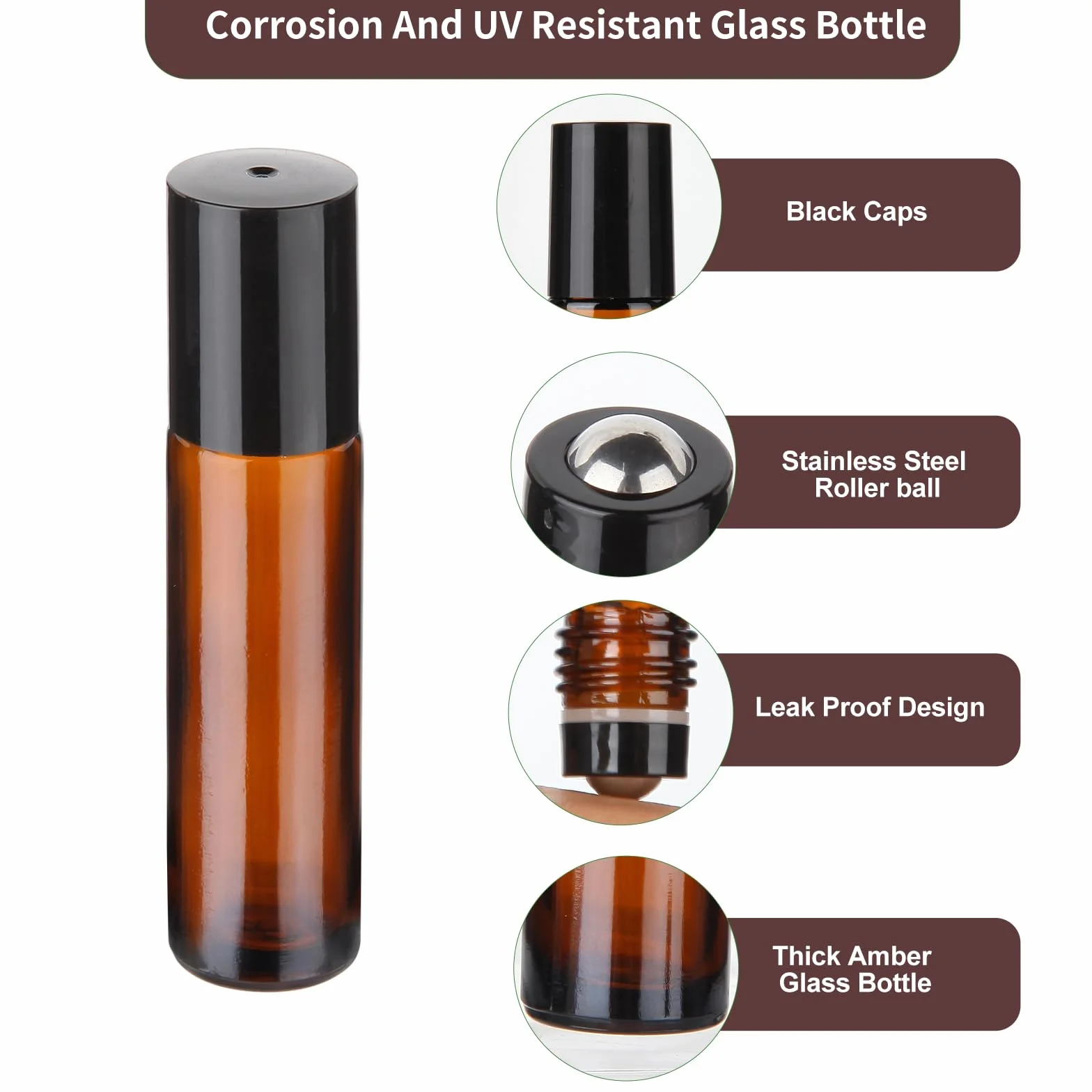 Flacon Roll On Vide en Verre 10ml 4Pcs avec Billes en Acier Inoxydable pour Huiles Essentielles et Parfums