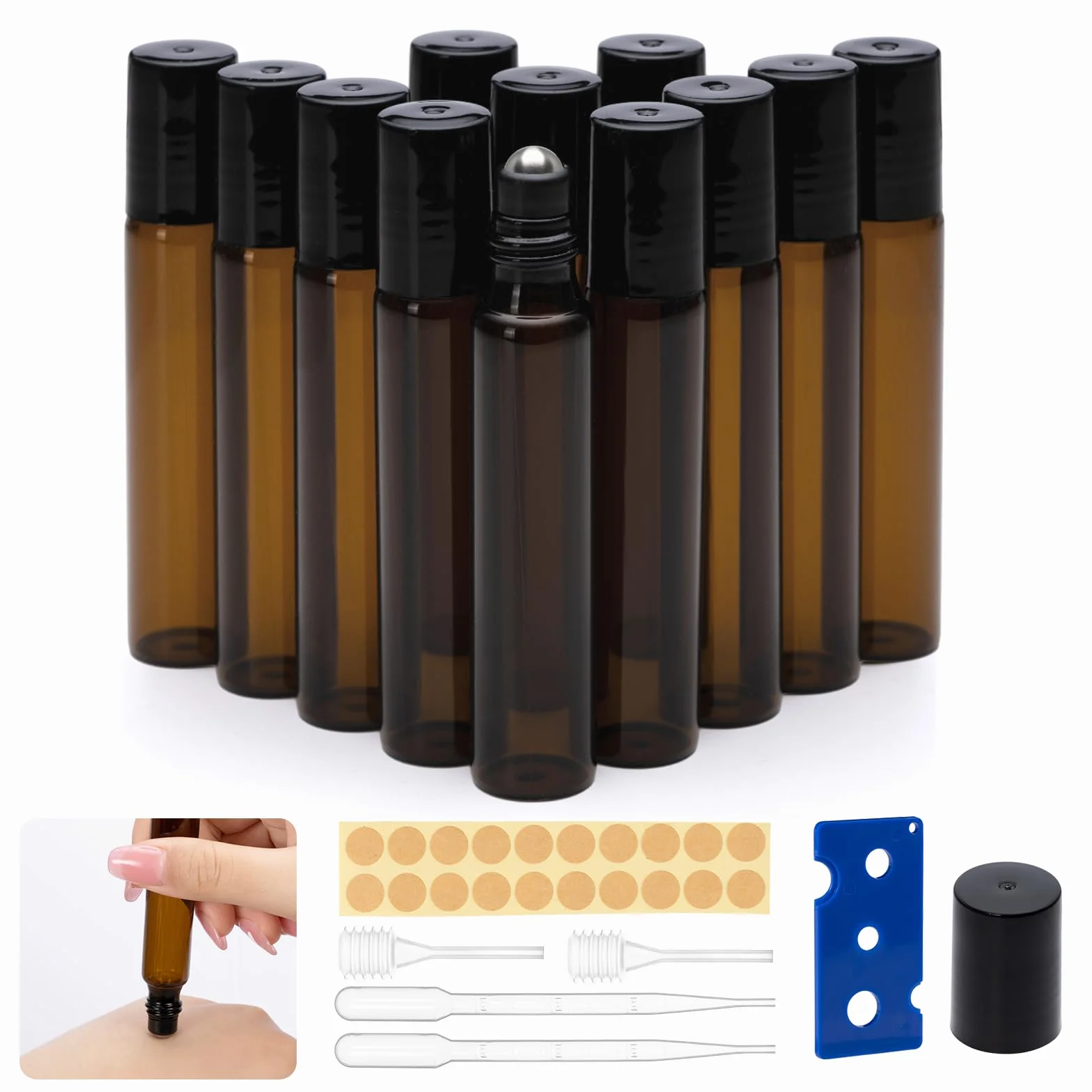 Flacon à Bille Verre 10ml Lot de 12 Rechargeable pour Huile Essentielle, Parfumé, Cosmétique, Massage